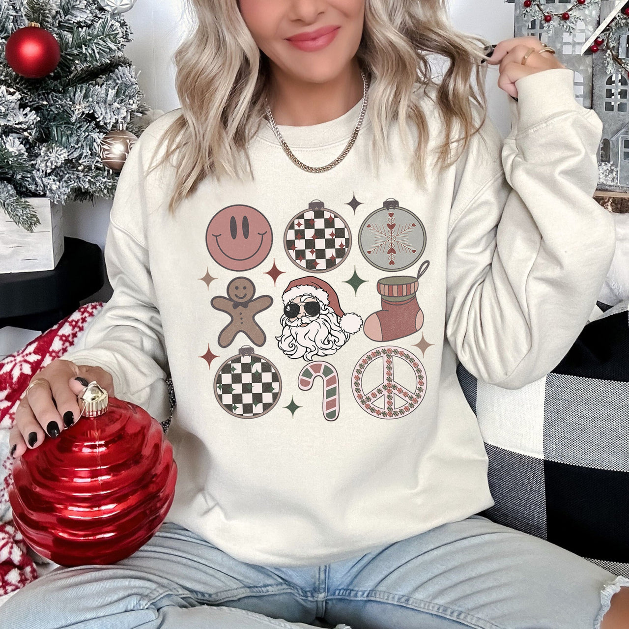 Retro Santa Christmas Peace Snowflake Cozy Fleece Winter Holiday Festive Sweatshirt
