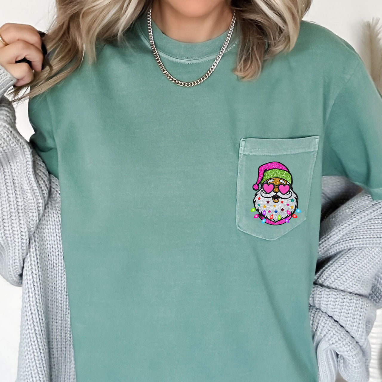 Retro Santa Faux Glitter Christmas Pocket Art Print Design Series Comfort Colors Tee
