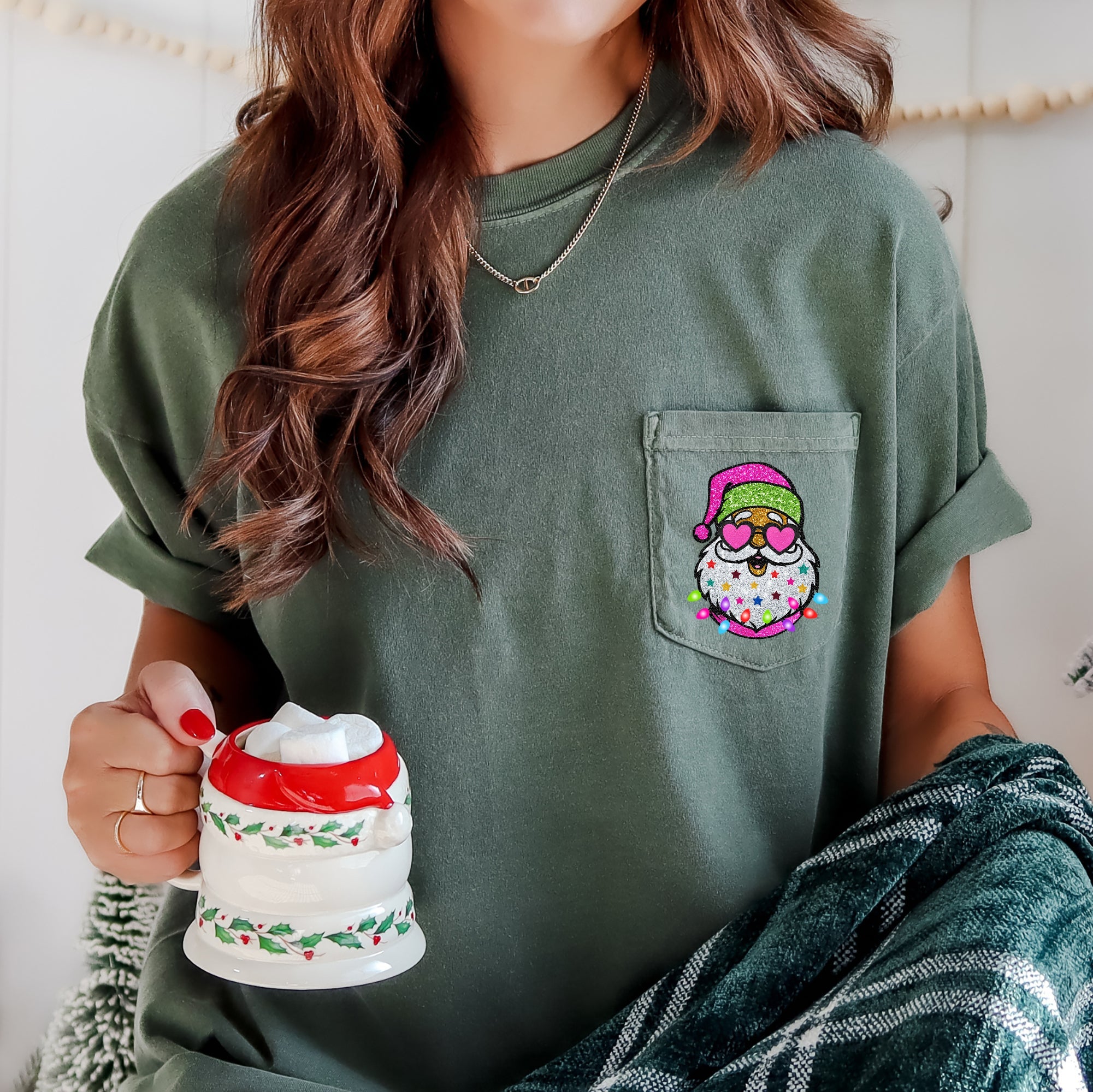 Retro Santa Faux Glitter Christmas Pocket Art Print Design Series Comfort Colors Tee