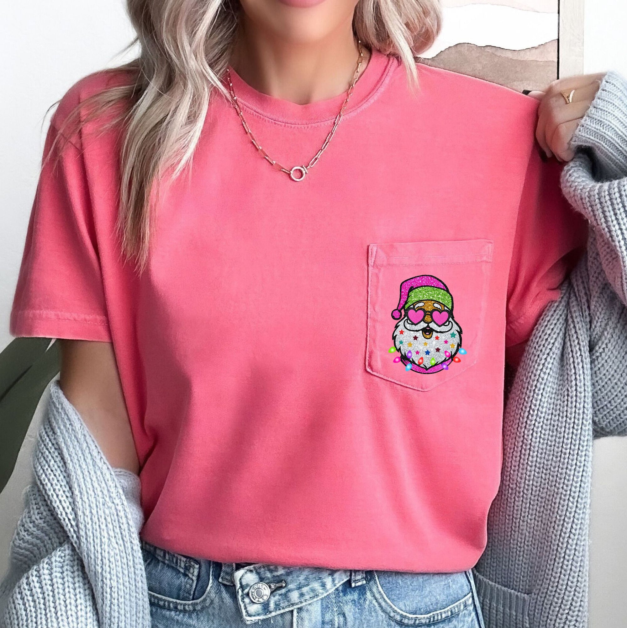 Retro Santa Faux Glitter Christmas Pocket Art Print Design Series Comfort Colors Tee