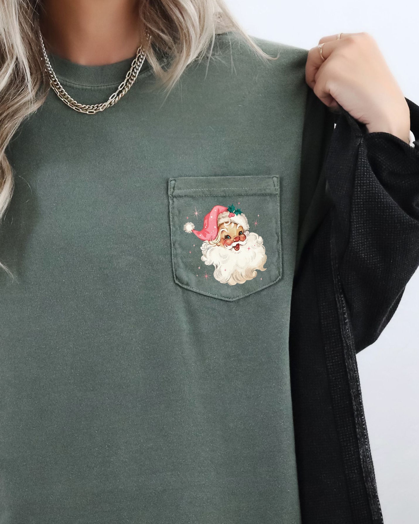 Retro Santa Sparkles Pocket Christmas Snow Xmas Holiday Cheer Comfort Colors Tee