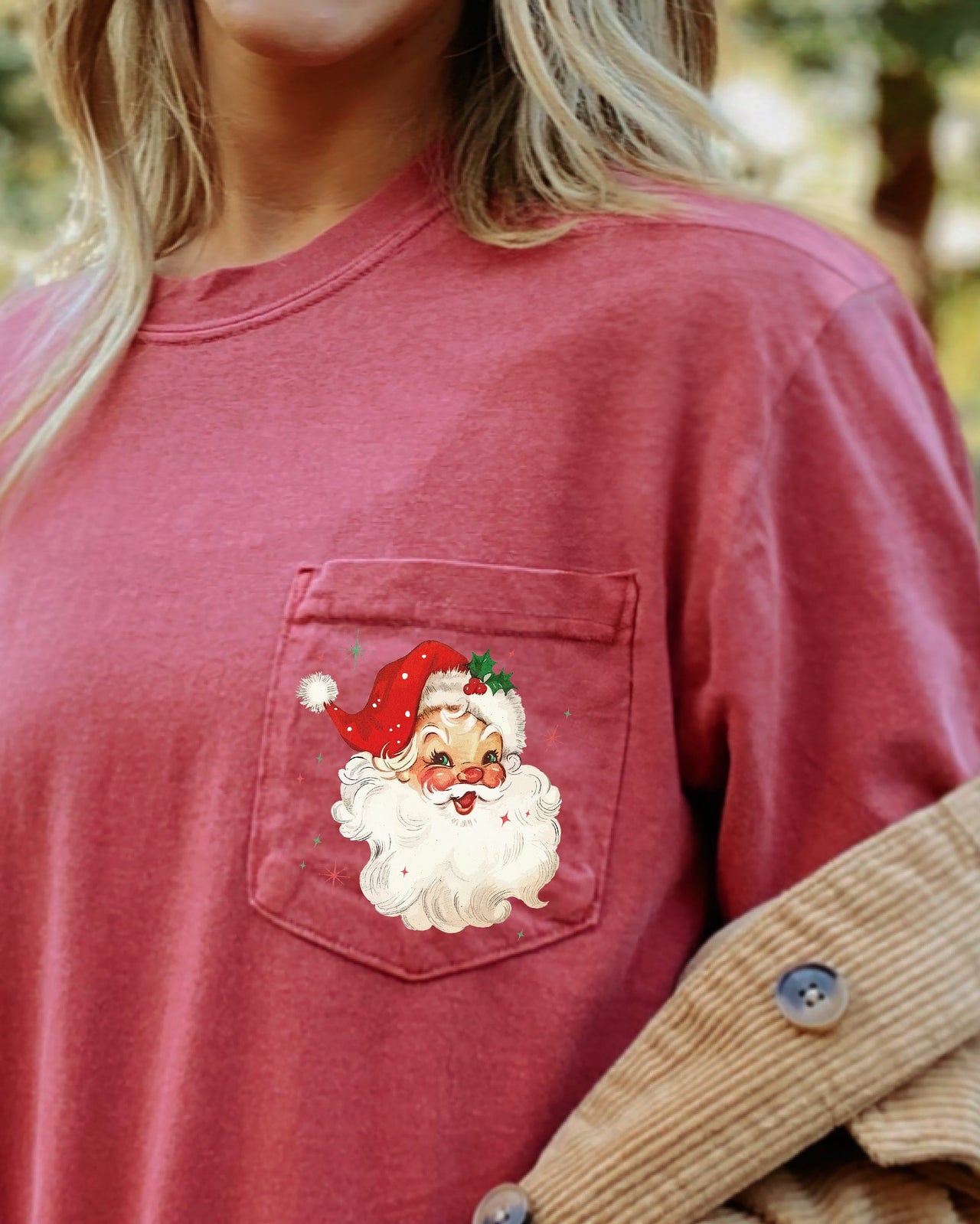 Retro Santa Sparkles Pocket Red Hat Christmas Winter Snow Xmas Comfort Colors Tee