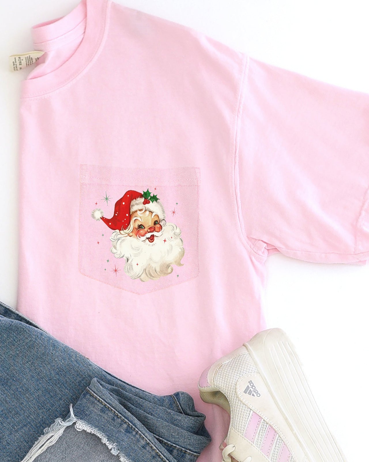 Retro Santa Sparkles Pocket Red Hat Christmas Winter Snow Xmas Comfort Colors Tee