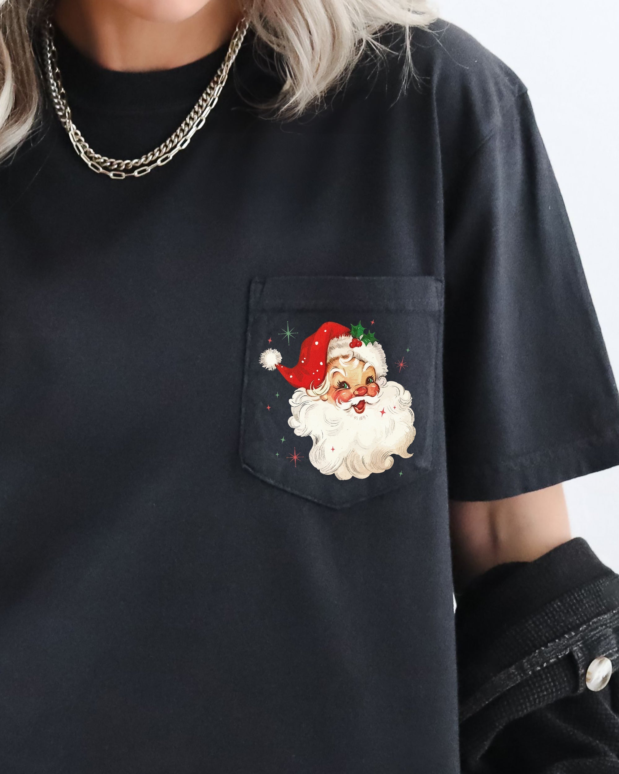 Retro Santa Sparkles Pocket Red Hat Christmas Winter Snow Xmas Comfort Colors Tee
