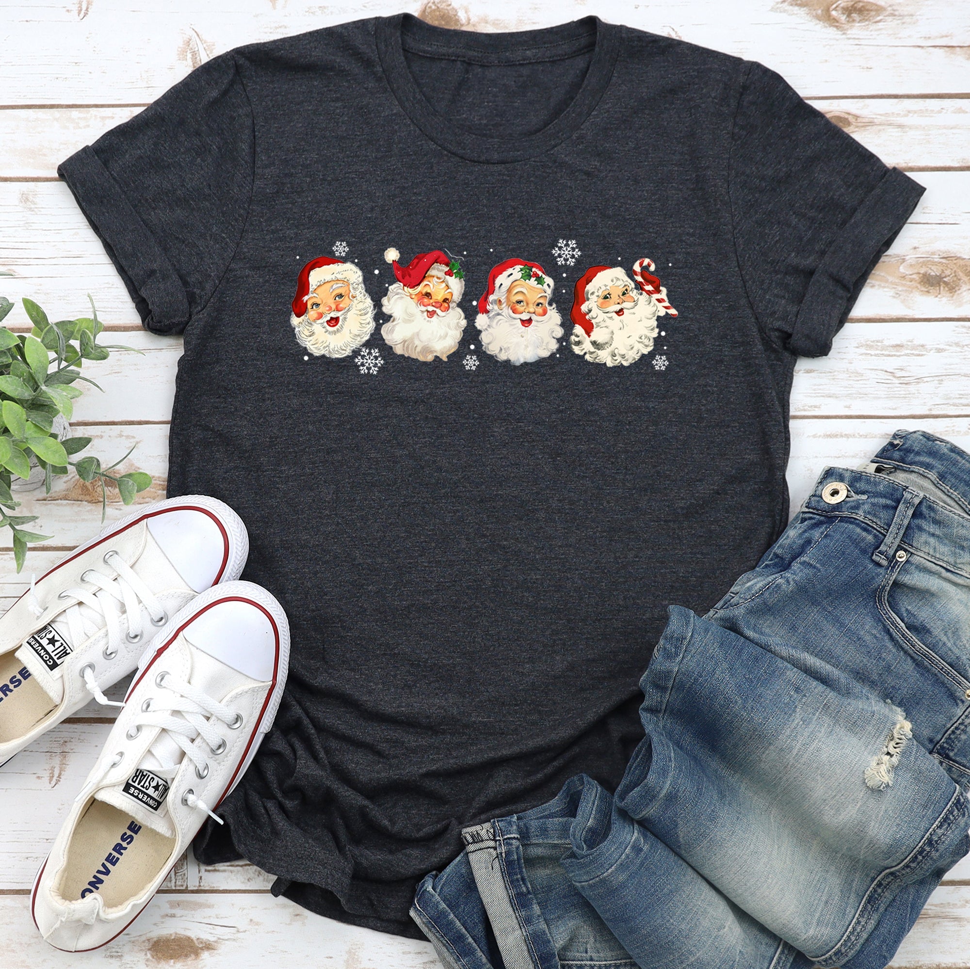 Retro Santas With Snowflakes Christmas Holiday Edition Santa Claus Nostalgia Artwork Graphic Tee