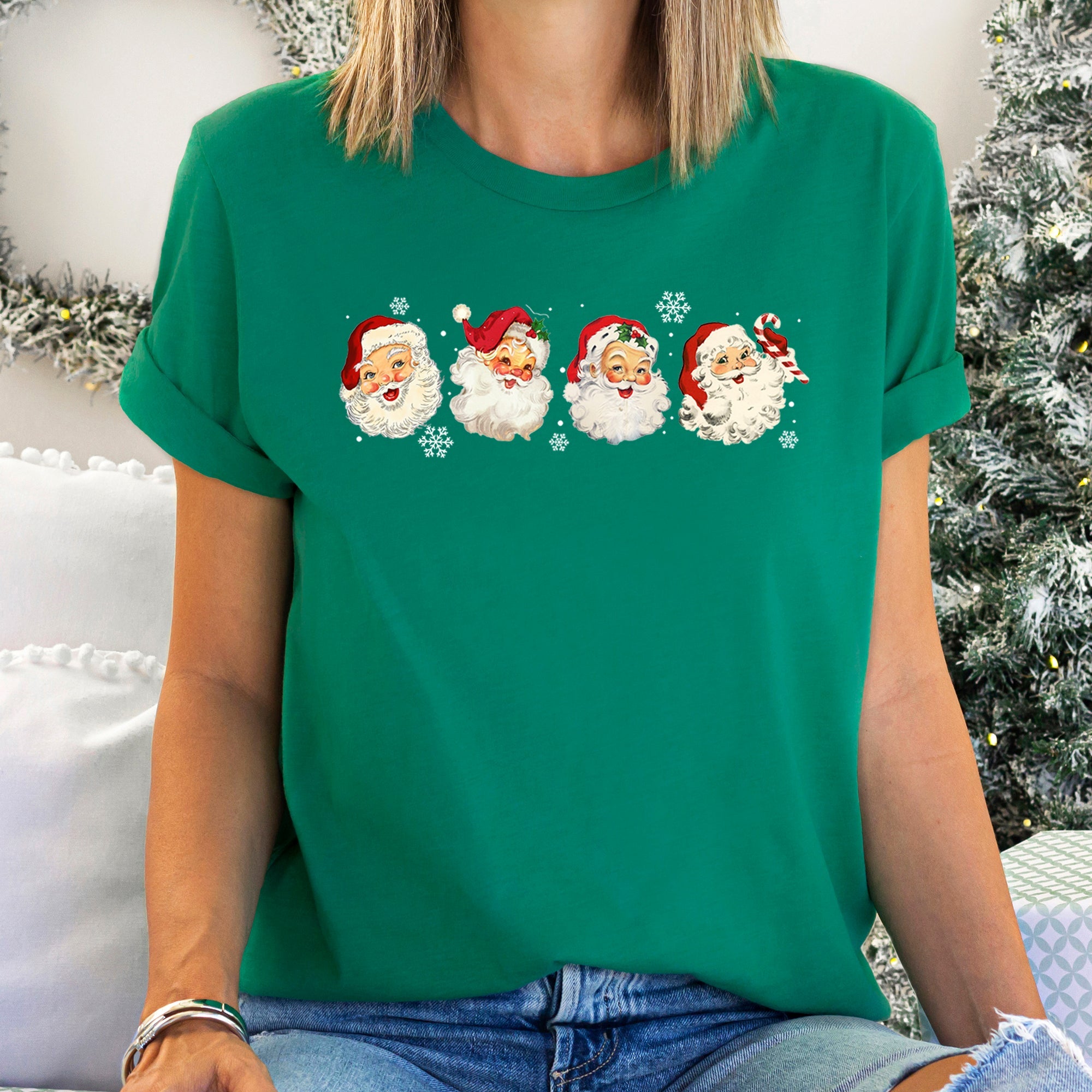 Retro Santas With Snowflakes Christmas Holiday Edition Santa Claus Nostalgia Artwork Graphic Tee