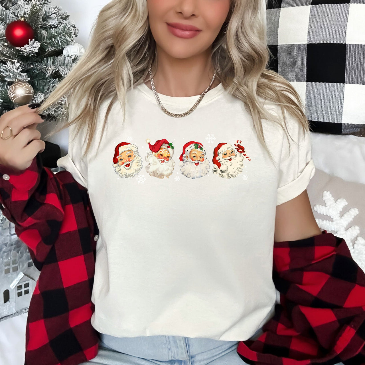 Retro Santas With Snowflakes Christmas Holiday Edition Santa Claus Nostalgia Artwork Graphic Tee