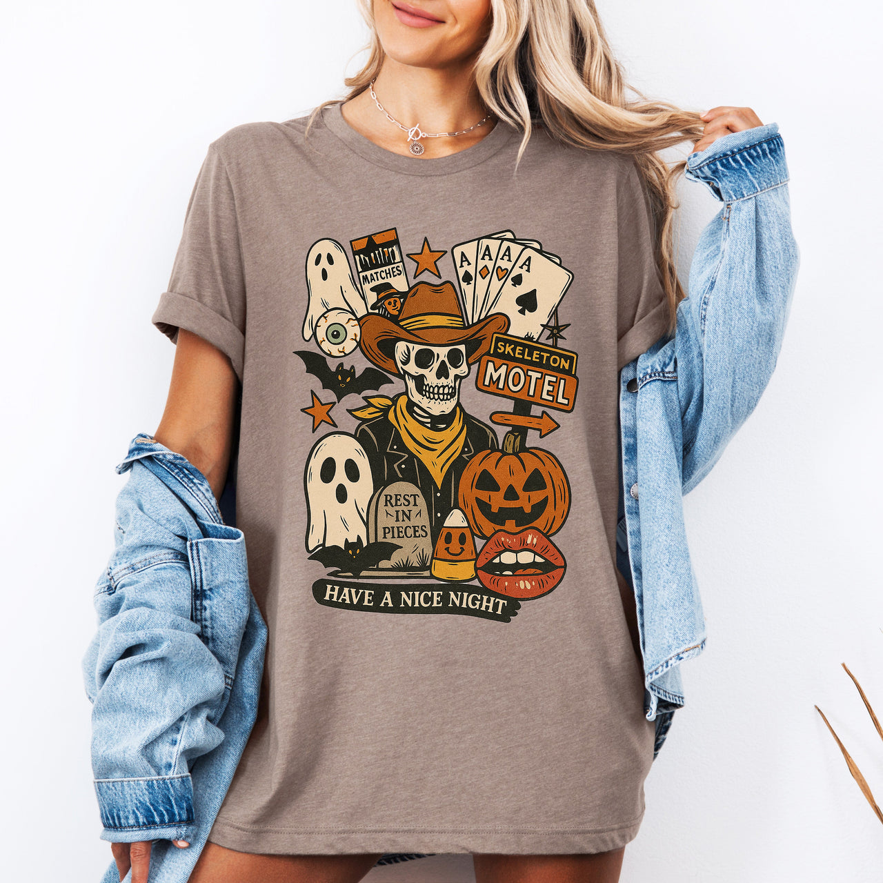 Retro Skeleton Motel Vintage Halloween Motif With Whimsical Spooky Skeleton Illustration Graphic Tee