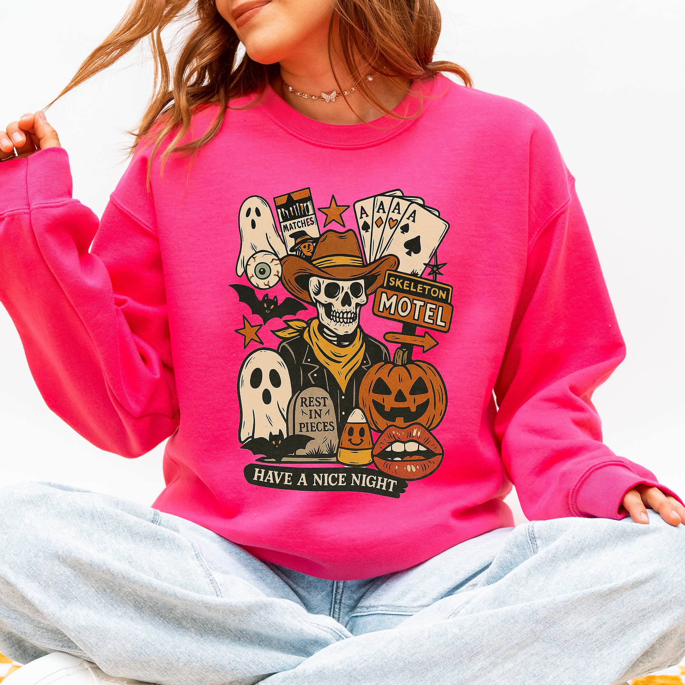 Retro Skeleton Motel Vintage Halloween Nostalgia Graphic Design Collective Edition Sweatshirt
