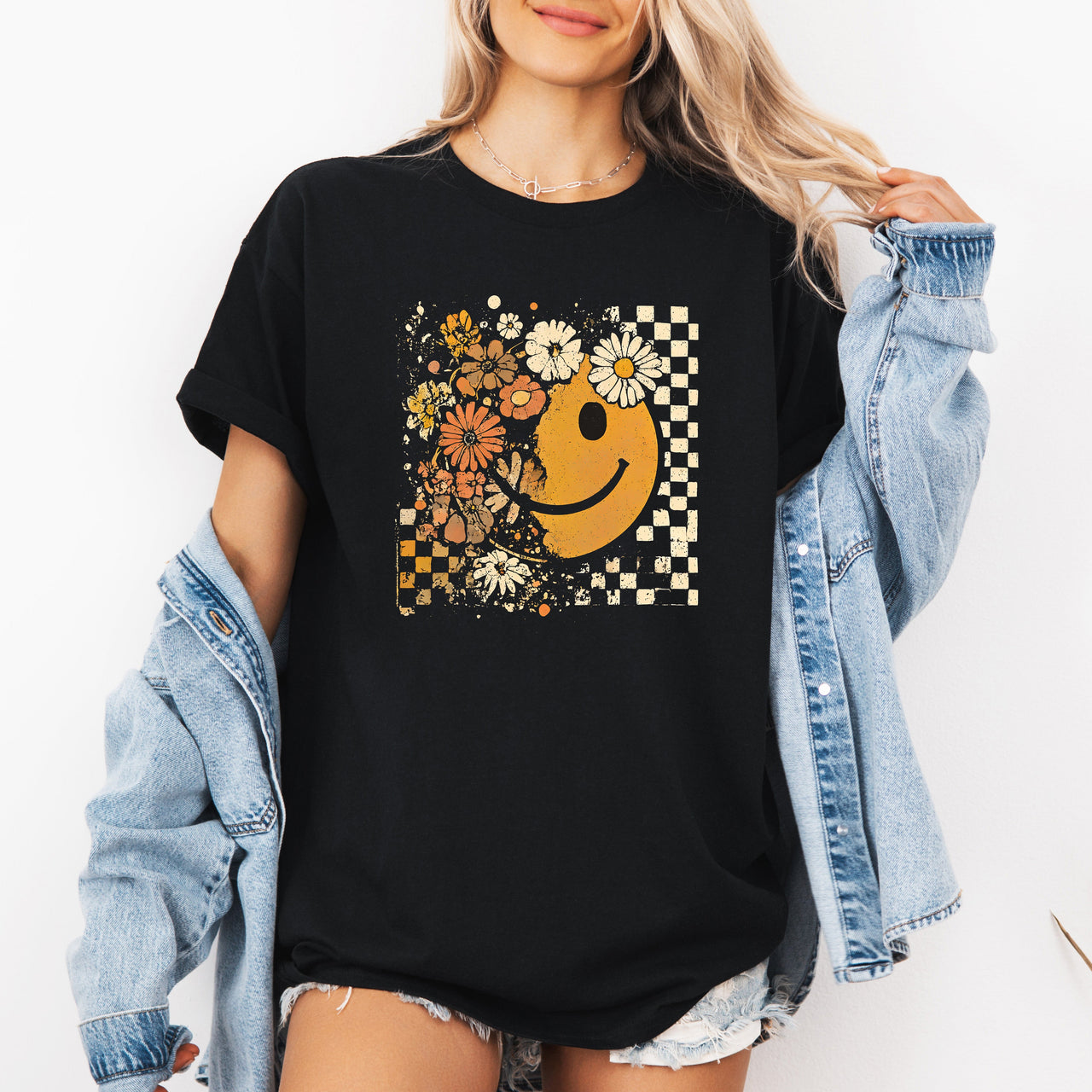 Retro Smiley Halloween Floral Cozy Autumn Garden Flowers Vintage Style Graphic Tee