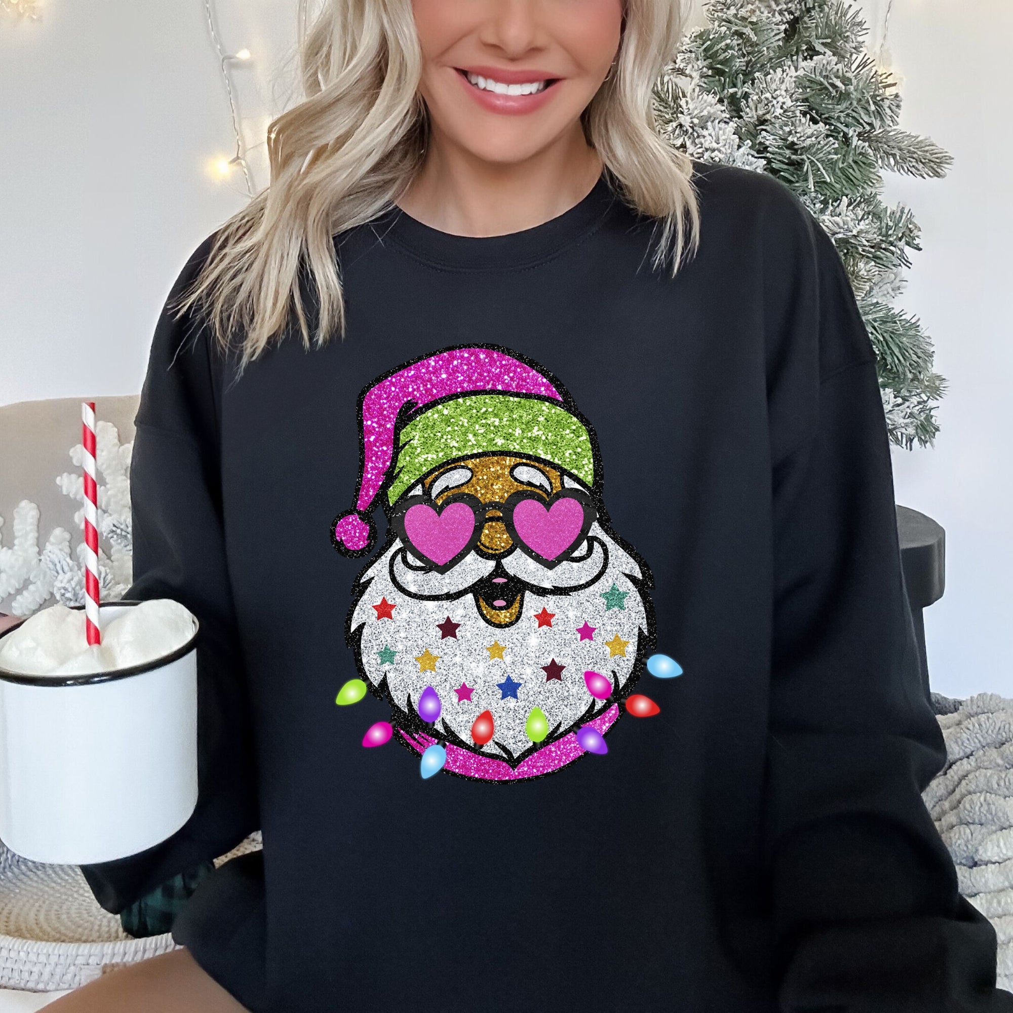 Retro Sparkly Santa Glitter Effect Christmas Graphic Cozy Vintage-Inspired Festive Sweatshirt