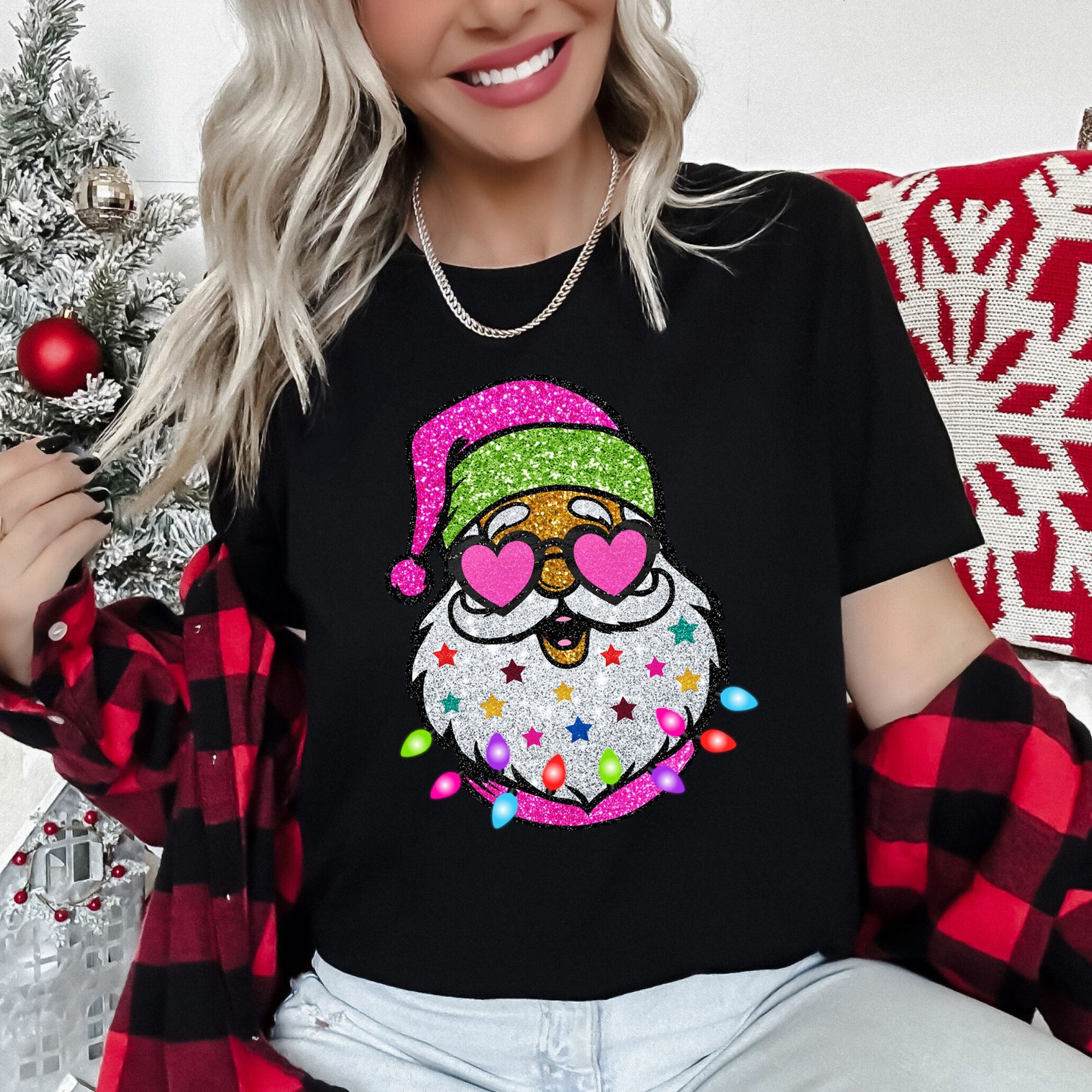 Retro Sparkly Santa Glitter Effect Christmas Holiday Cheer Collection Graphic Tee