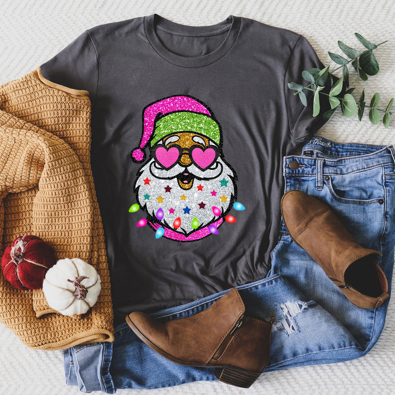 Retro Sparkly Santa Glitter Effect Christmas Holiday Cheer Collection Graphic Tee