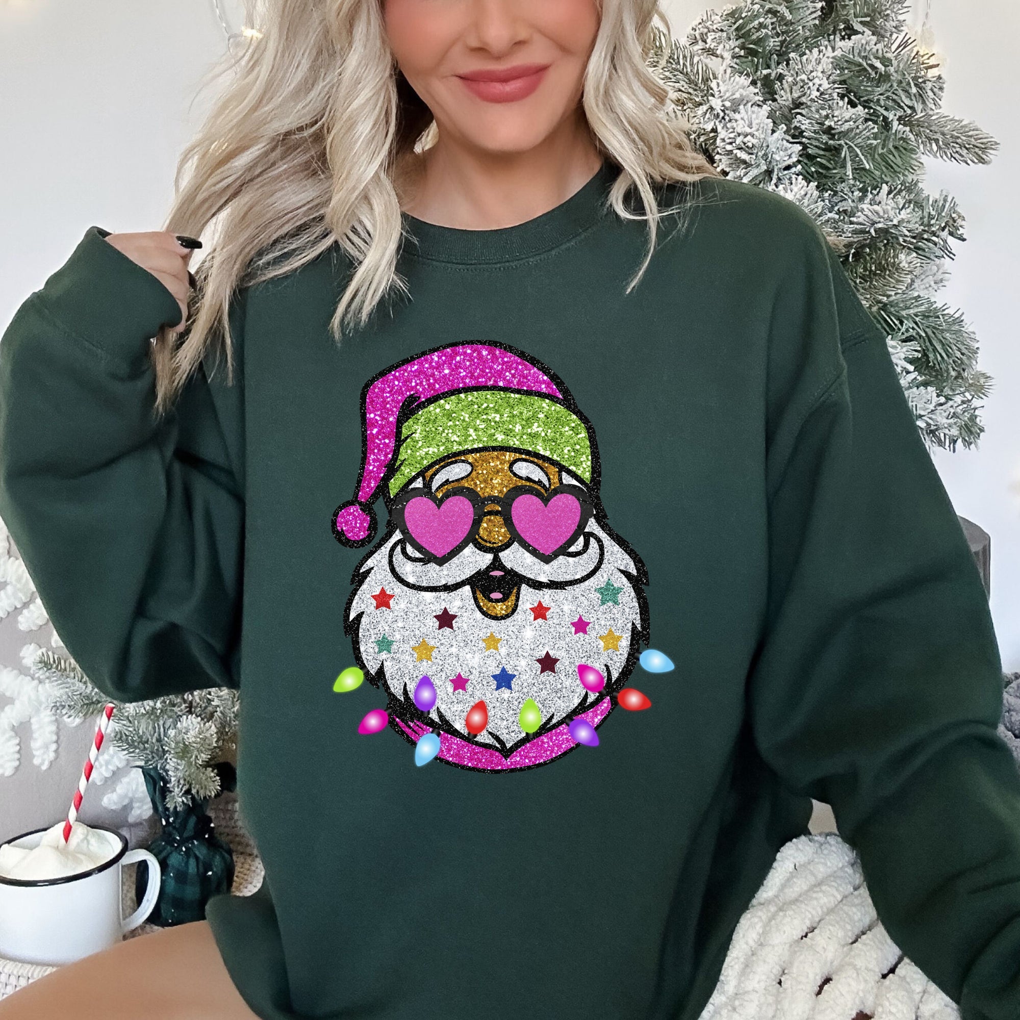Retro Sparkly Santa Glitter Effect Christmas Graphic Cozy Vintage-Inspired Festive Sweatshirt