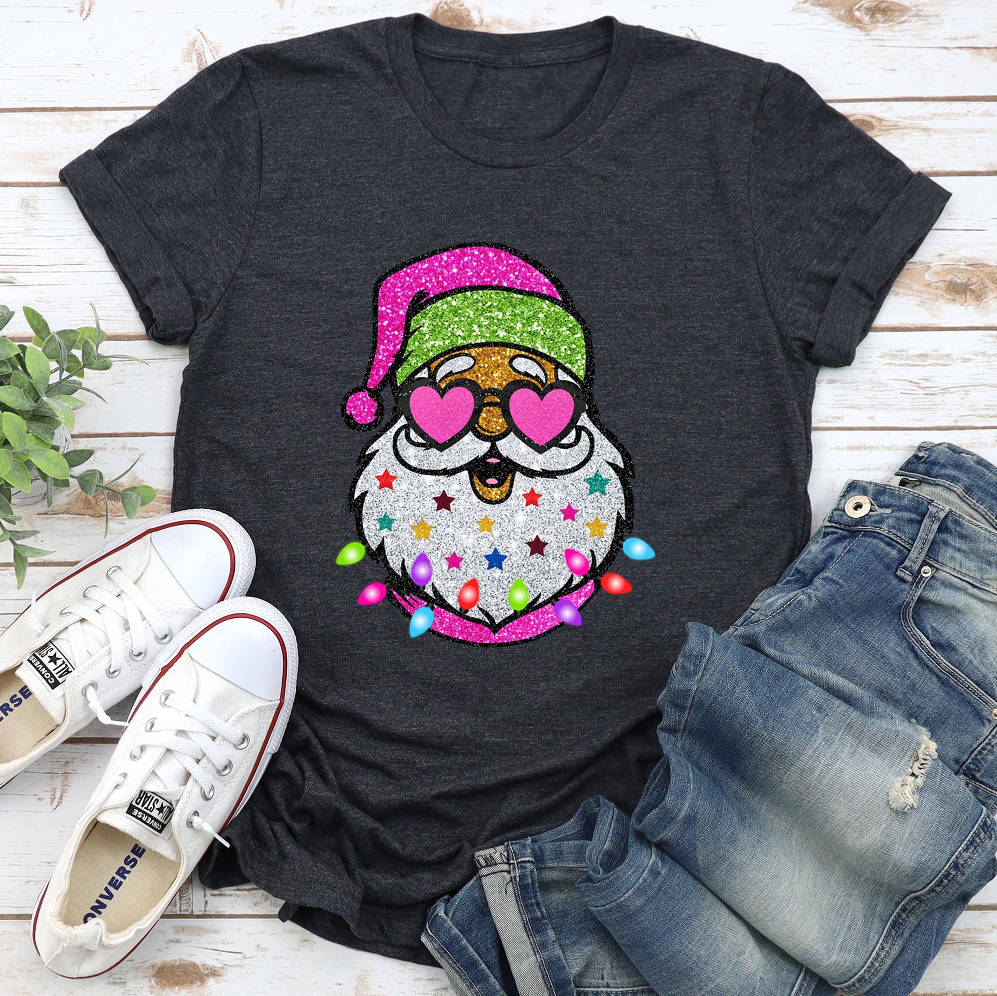 Retro Sparkly Santa Glitter Effect Christmas Holiday Cheer Collection Graphic Tee