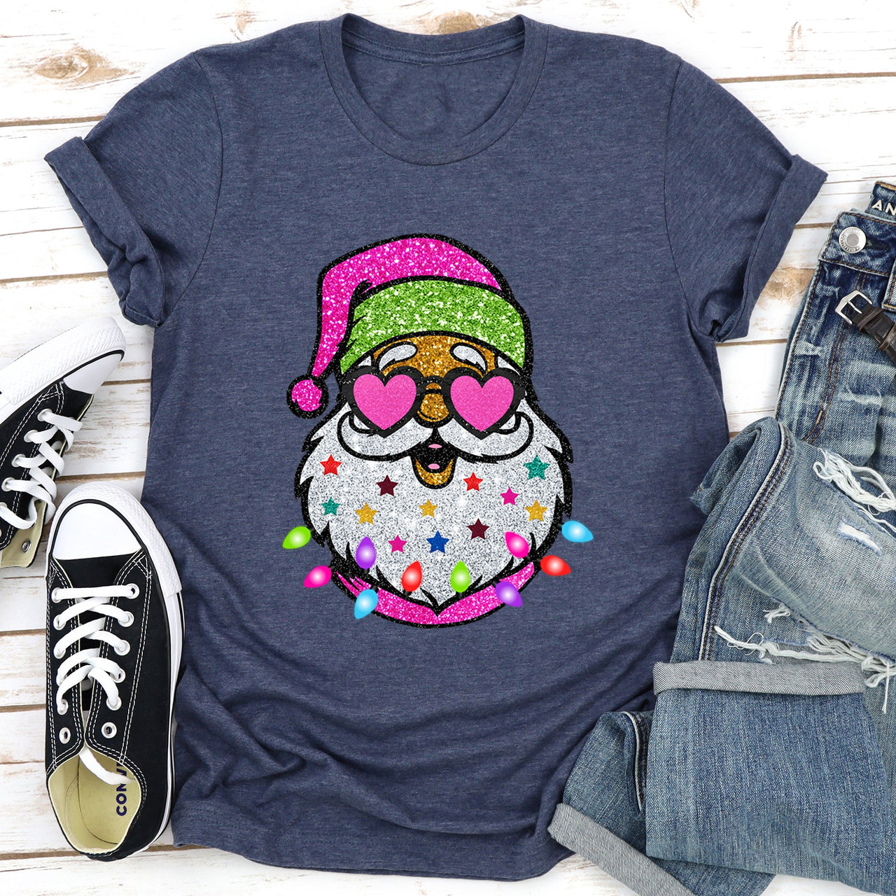 Retro Sparkly Santa Glitter Effect Christmas Holiday Cheer Collection Graphic Tee