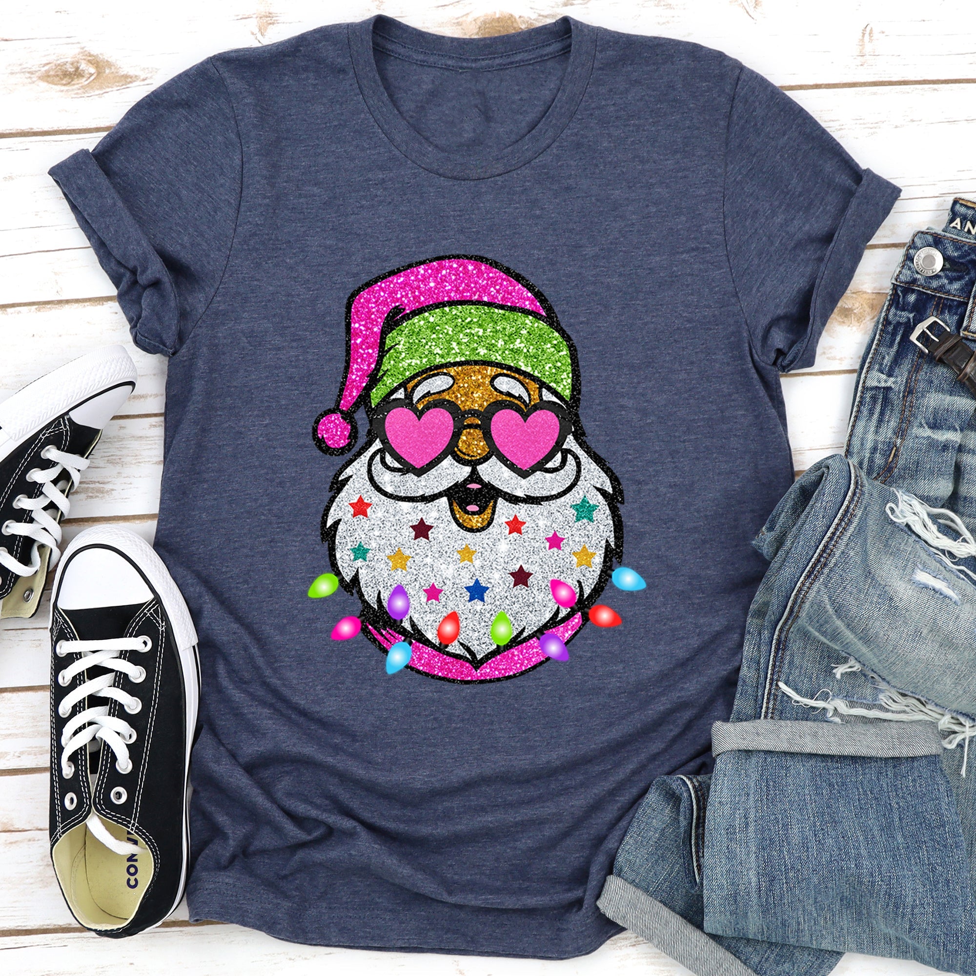 Retro Sparkly Santa Glitter Effect Christmas Holiday Cheer Collection Graphic Tee