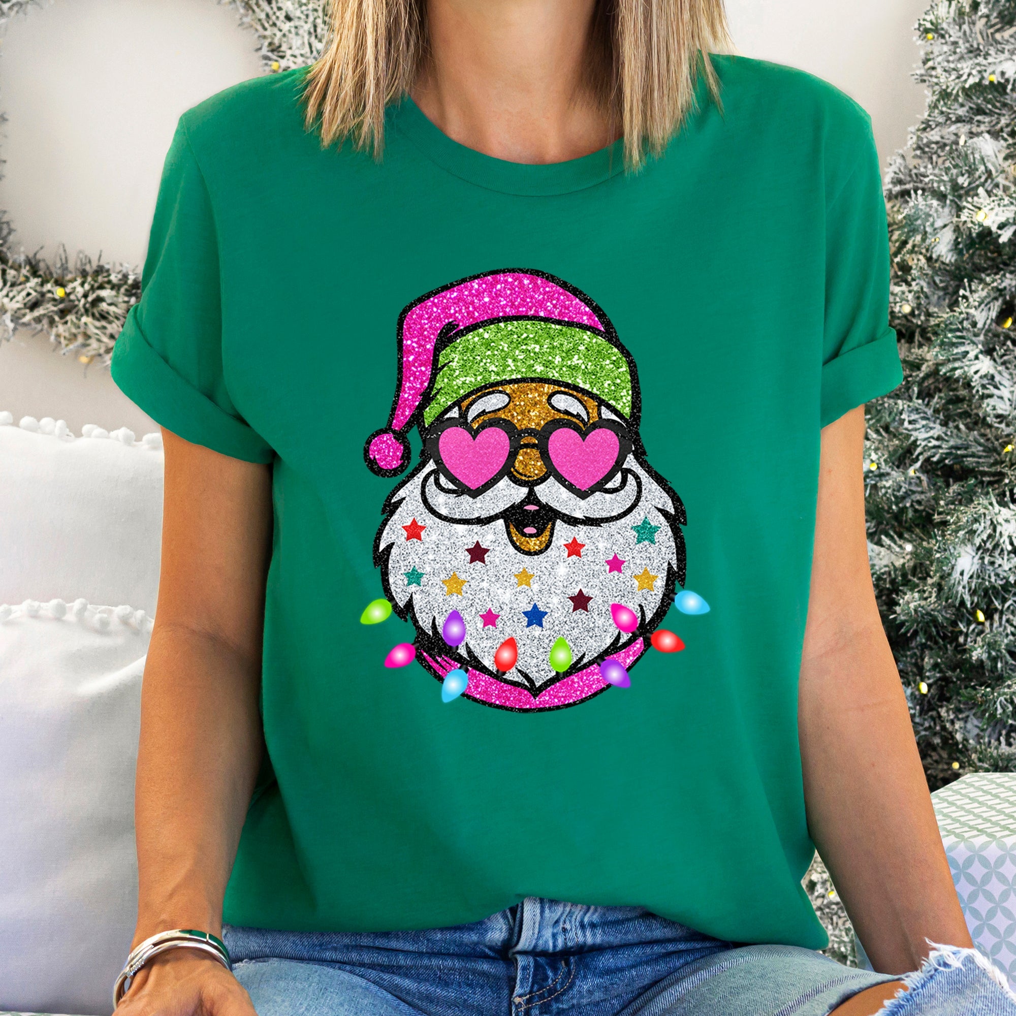 Retro Sparkly Santa Glitter Effect Christmas Holiday Cheer Collection Graphic Tee