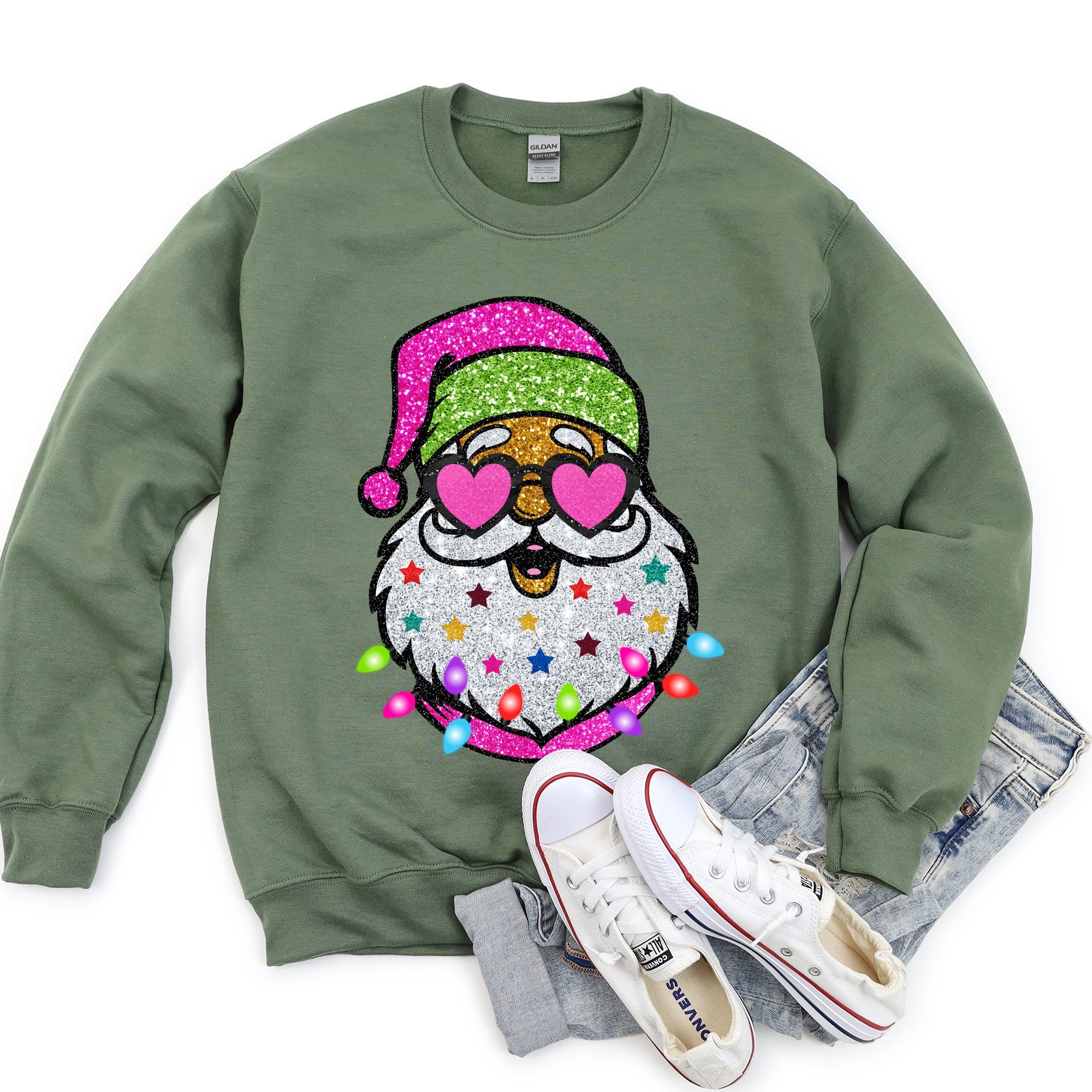 Retro Sparkly Santa Glitter Effect Christmas Graphic Cozy Vintage-Inspired Festive Sweatshirt