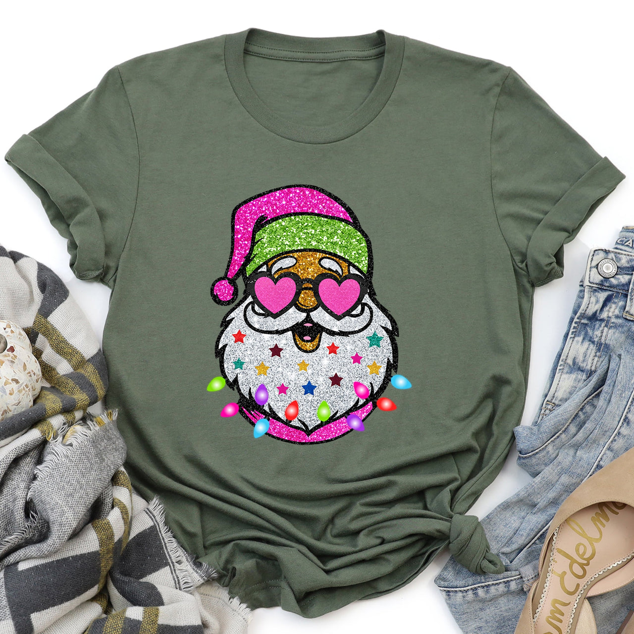 Retro Sparkly Santa Glitter Effect Christmas Holiday Cheer Collection Graphic Tee