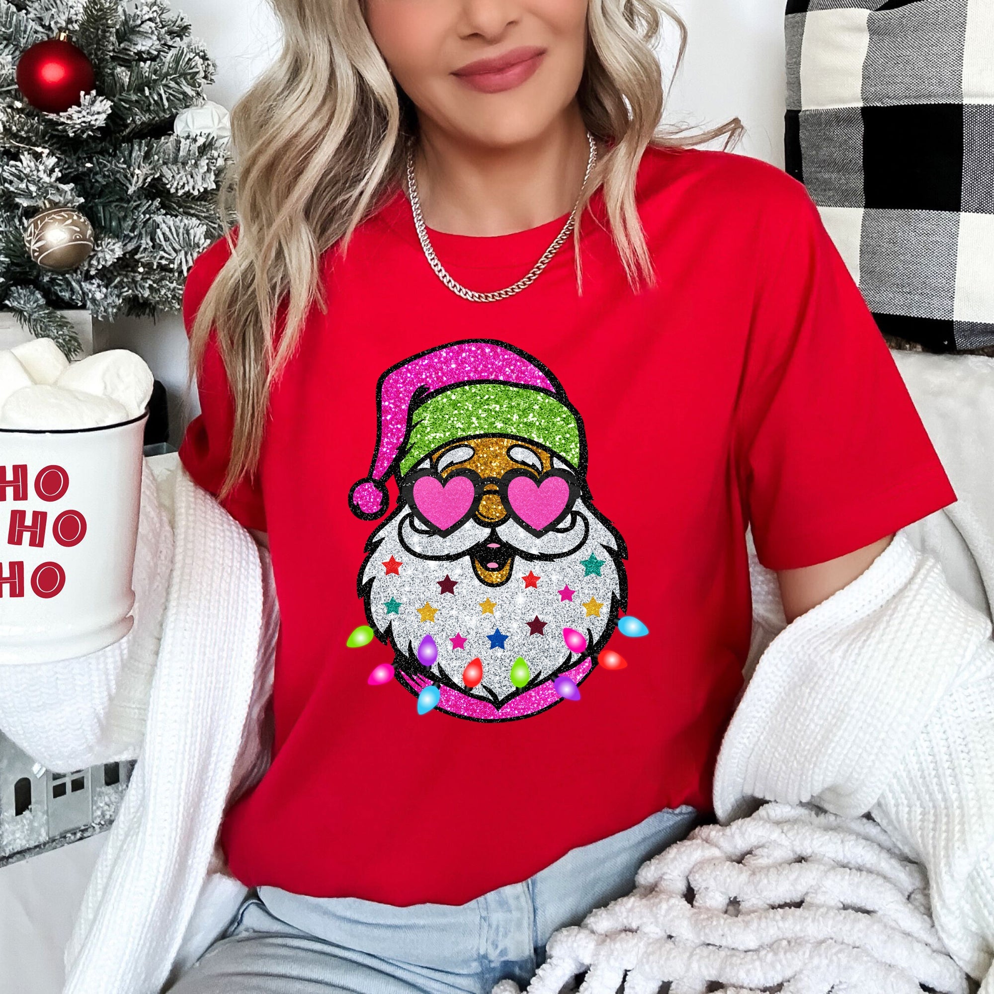 Retro Sparkly Santa Glitter Effect Christmas Holiday Cheer Collection Graphic Tee