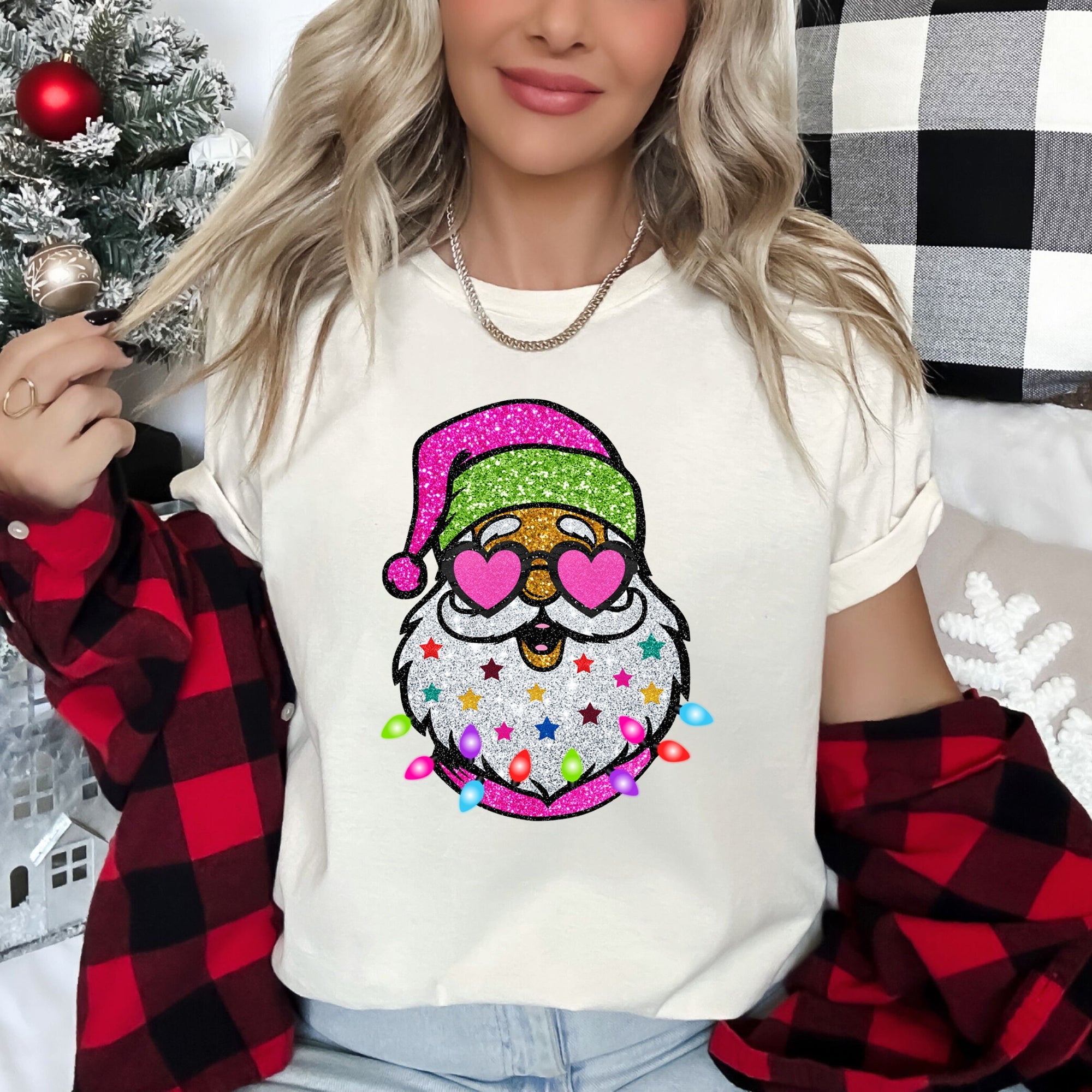 Retro Sparkly Santa Glitter Effect Christmas Holiday Cheer Collection Graphic Tee