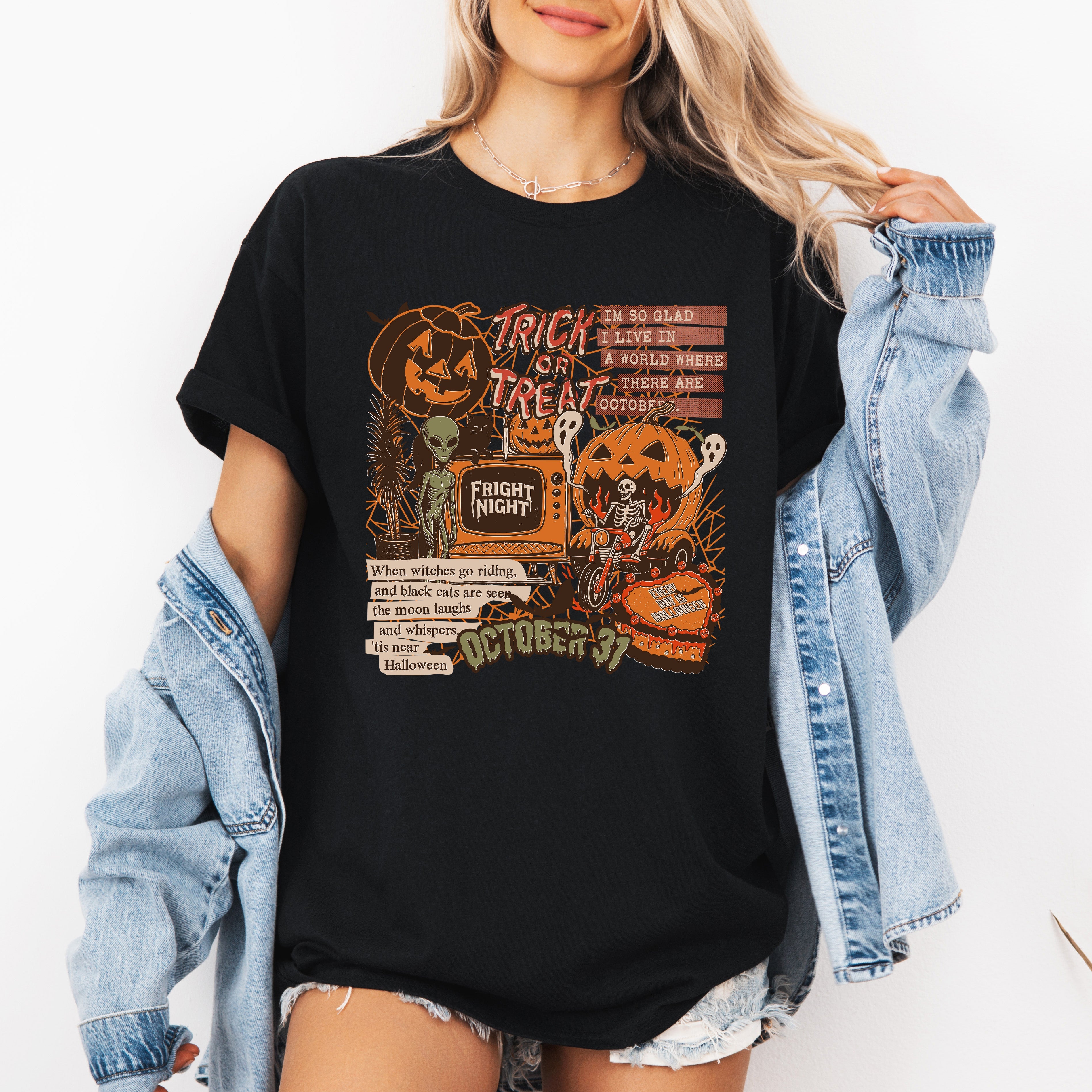 Retro Trick Or Treat Creep Halloween Spooky Vintage Skeleton Night Skull Graphic Tee