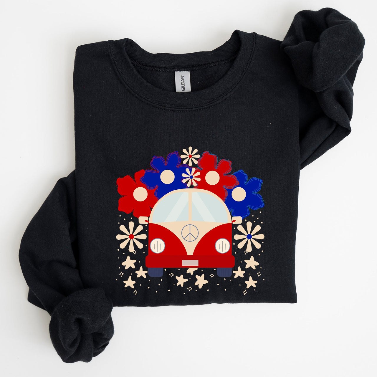 Retro Van Patriotic 4th Of July Americana Road Trip Scene With Stars Stripes And Vintage Van Illustration Sweatshirt