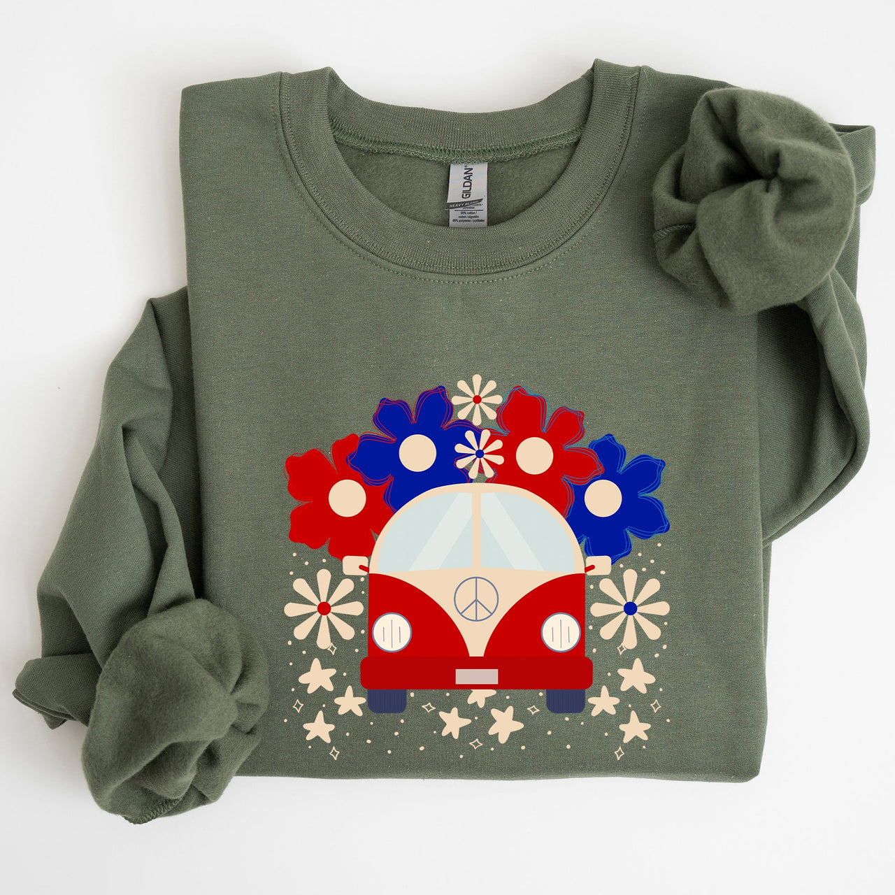 Retro Van Patriotic 4th Of July Americana Road Trip Scene With Stars Stripes And Vintage Van Illustration Sweatshirt