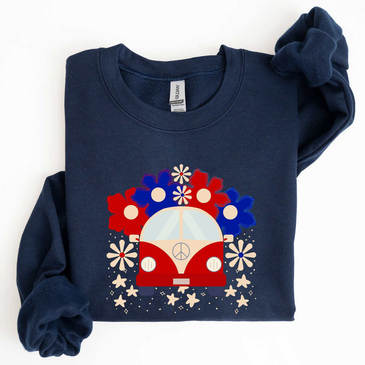 Retro Van Patriotic 4th Of July Americana Road Trip Scene With Stars Stripes And Vintage Van Illustration Sweatshirt
