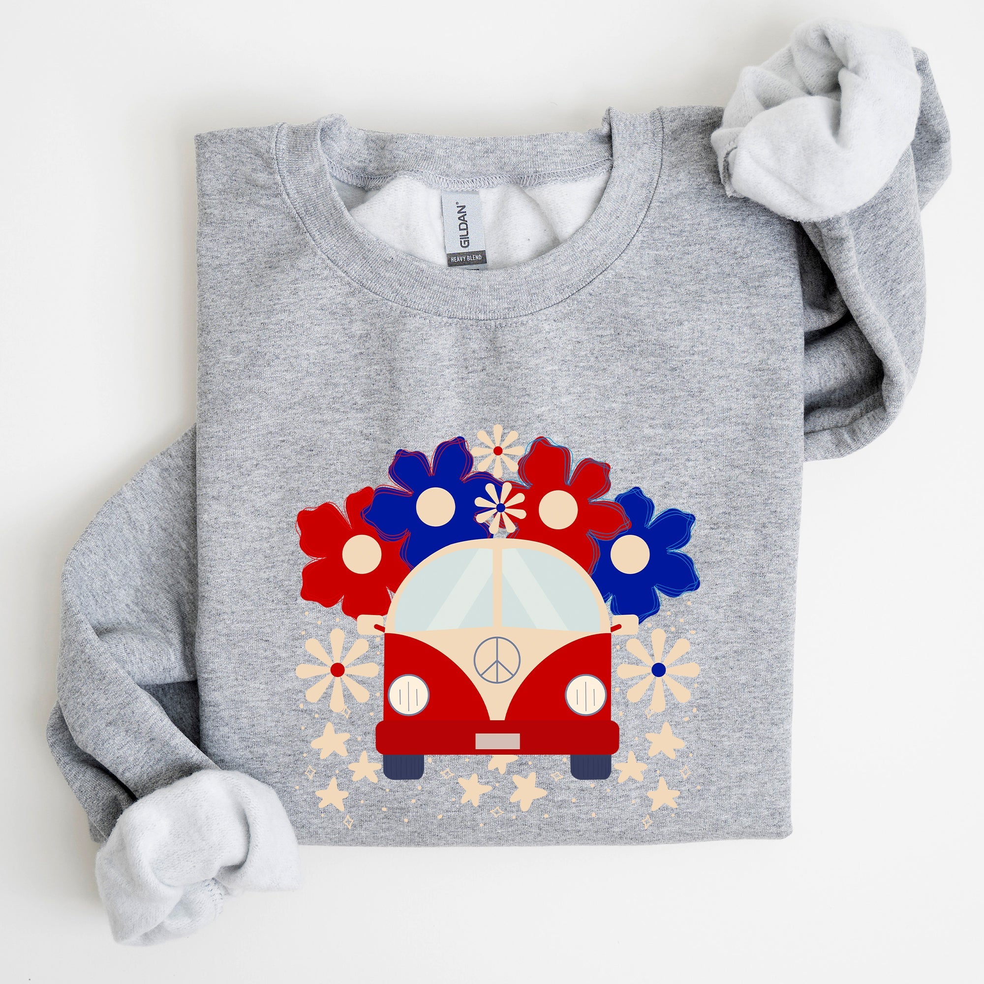 Retro Van Patriotic 4th Of July Americana Road Trip Scene With Stars Stripes And Vintage Van Illustration Sweatshirt