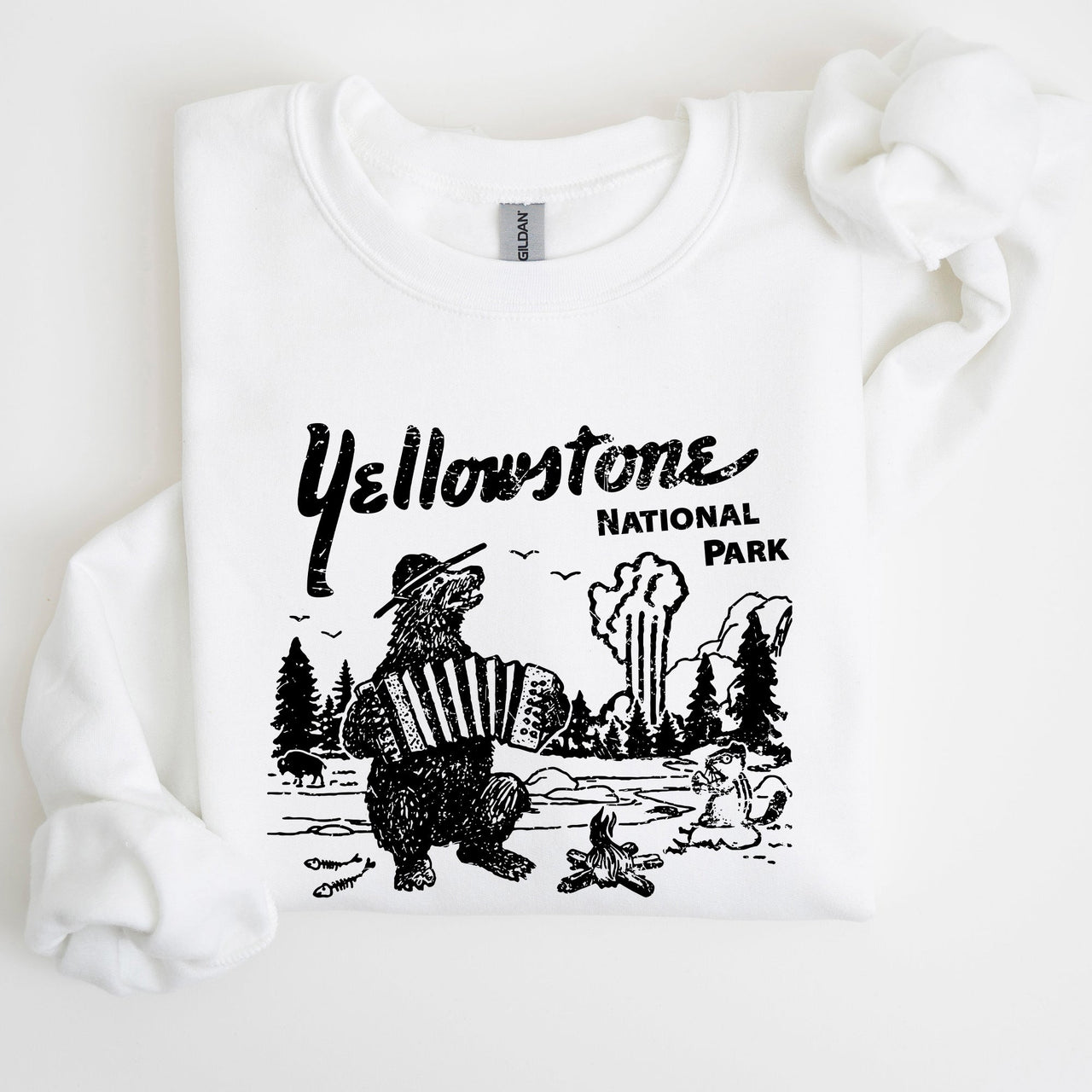 Retro Yellowstone National Park Bear Chipmunk Nature Landscape Illustration Sweatshirt