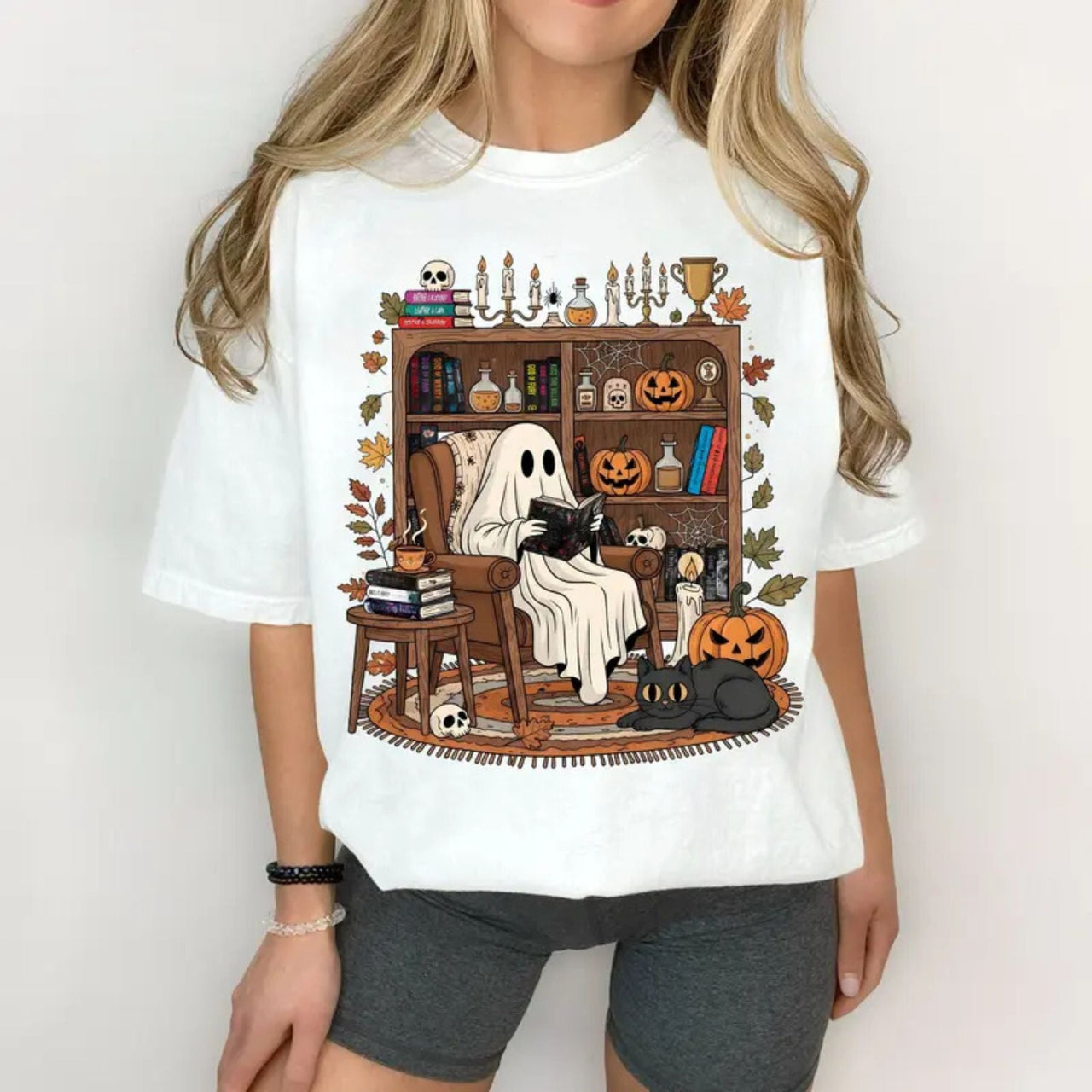 Retro Cozy Ghost Reading Halloween T-Shirt, Cute Spooky Bookshelf Tee, The Lords Series & Legacy of Gods, Book Lover Shirt, Spooky Season Gift
