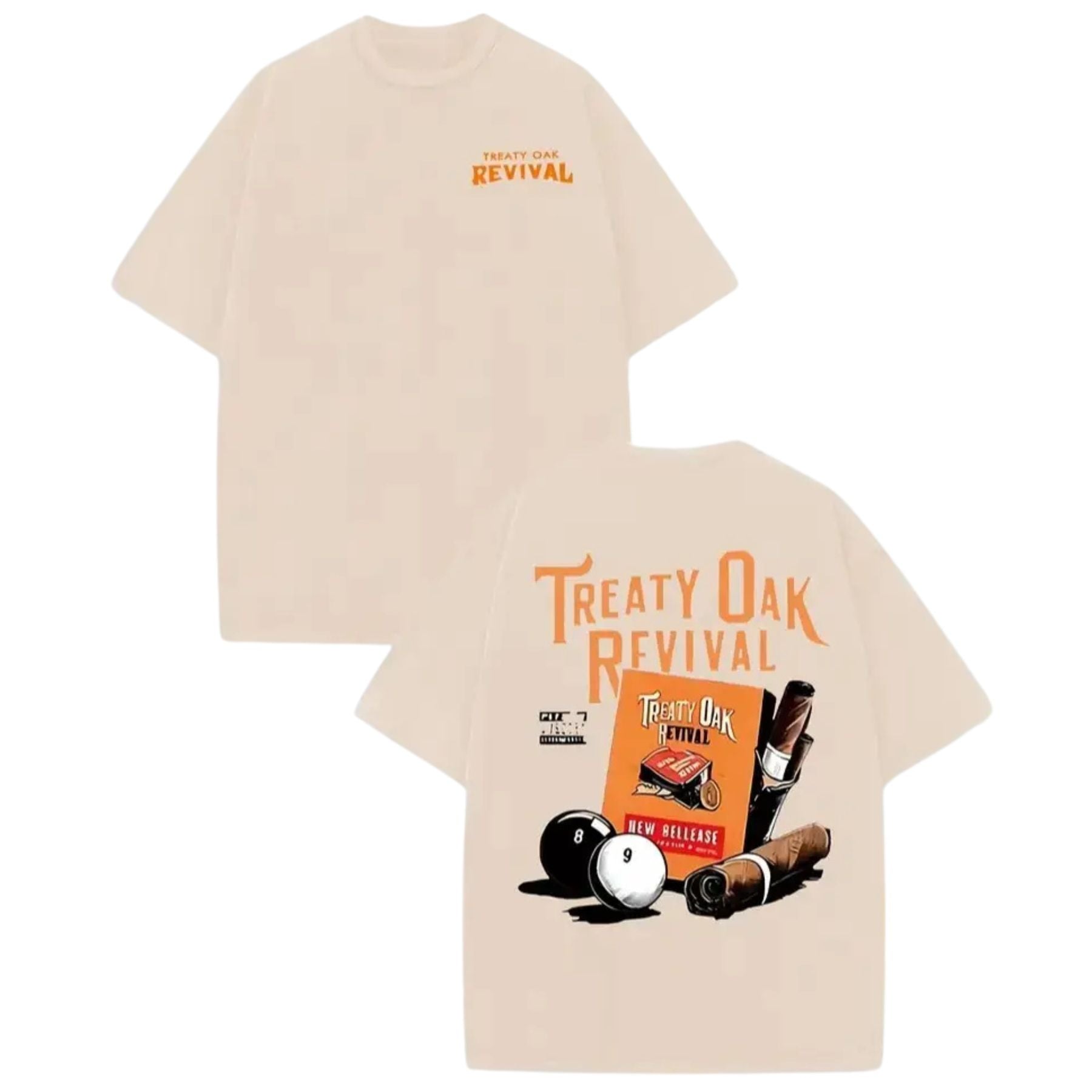 Retro Treaty Oak Revival Graphic T-Shirt – Black & Orange Print, Washed Cotton Band Tee