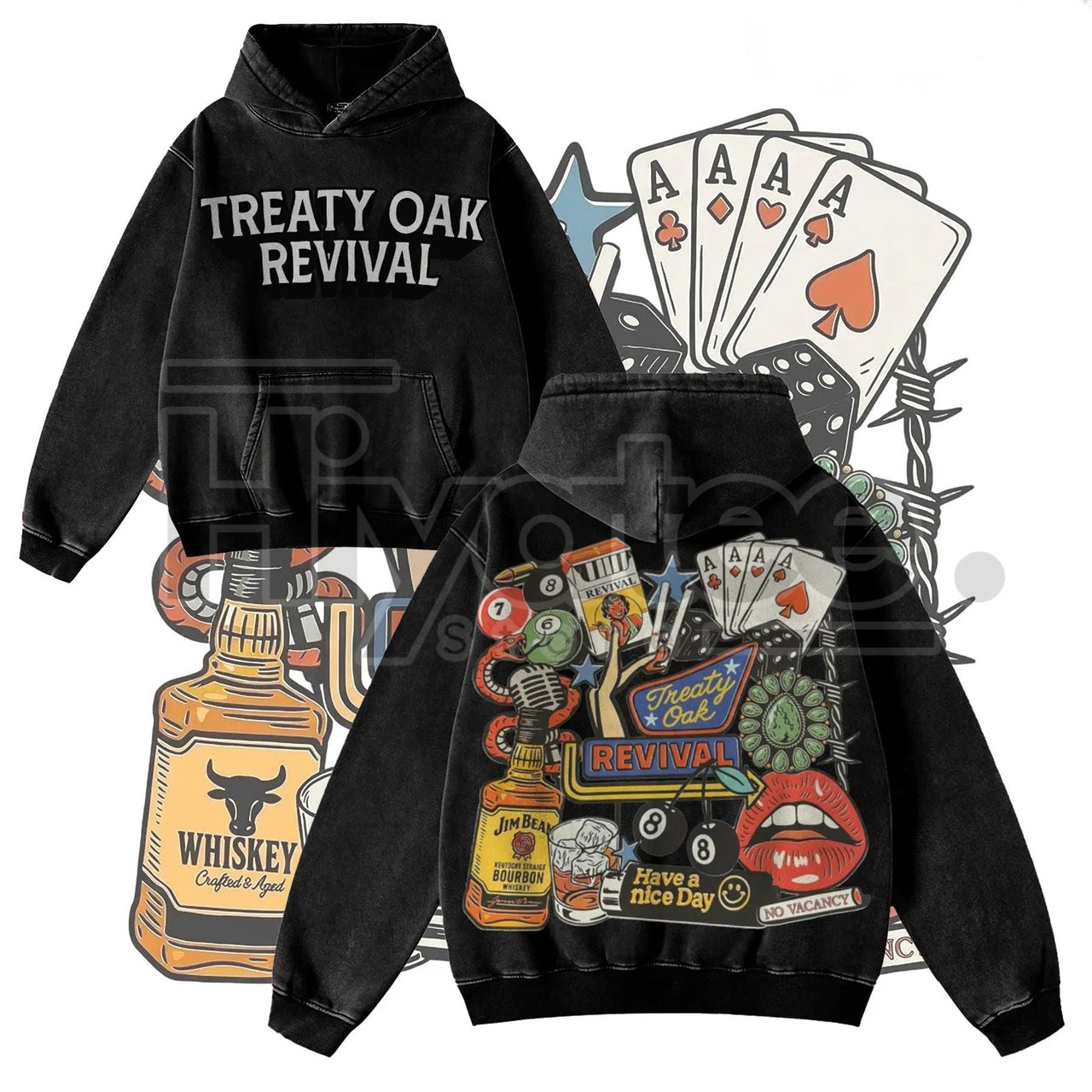 Retro Treaty Oak Revival Western Hoodie – Vintage Bar Cowboy Graphic, Thick Pure Cotton, Loose Fit