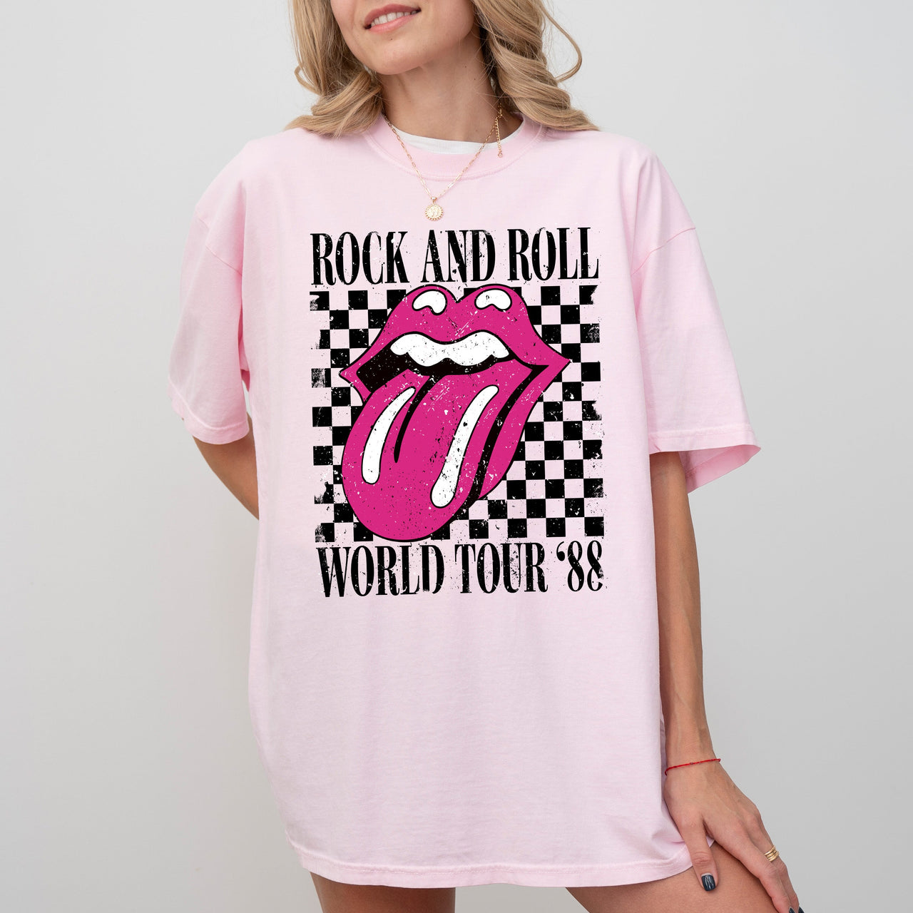 Rock And Roll World Tour Lips And Tongue Checkered 80s Rock Retro Classic Rock Comfort Colors Tee