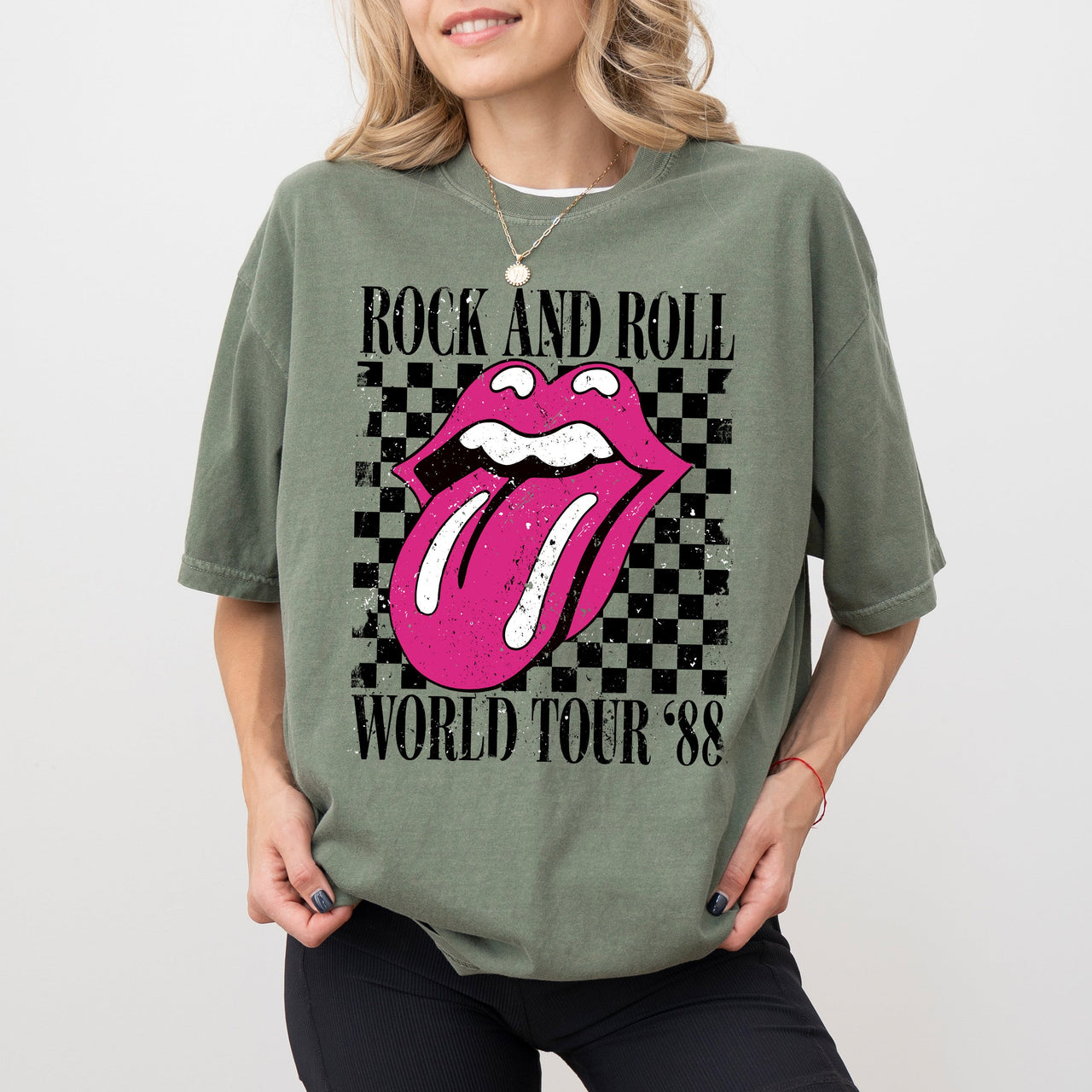 Rock And Roll World Tour Lips And Tongue Checkered 80s Rock Retro Classic Rock Comfort Colors Tee