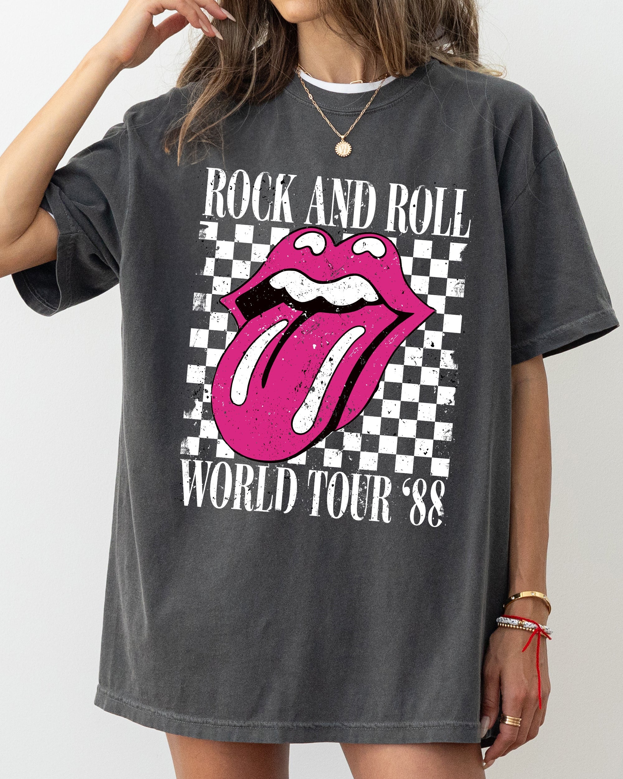 Rock And Roll World Tour Lips And Tongue Checkered 80s Rock Retro Classic Rock Comfort Colors Tee
