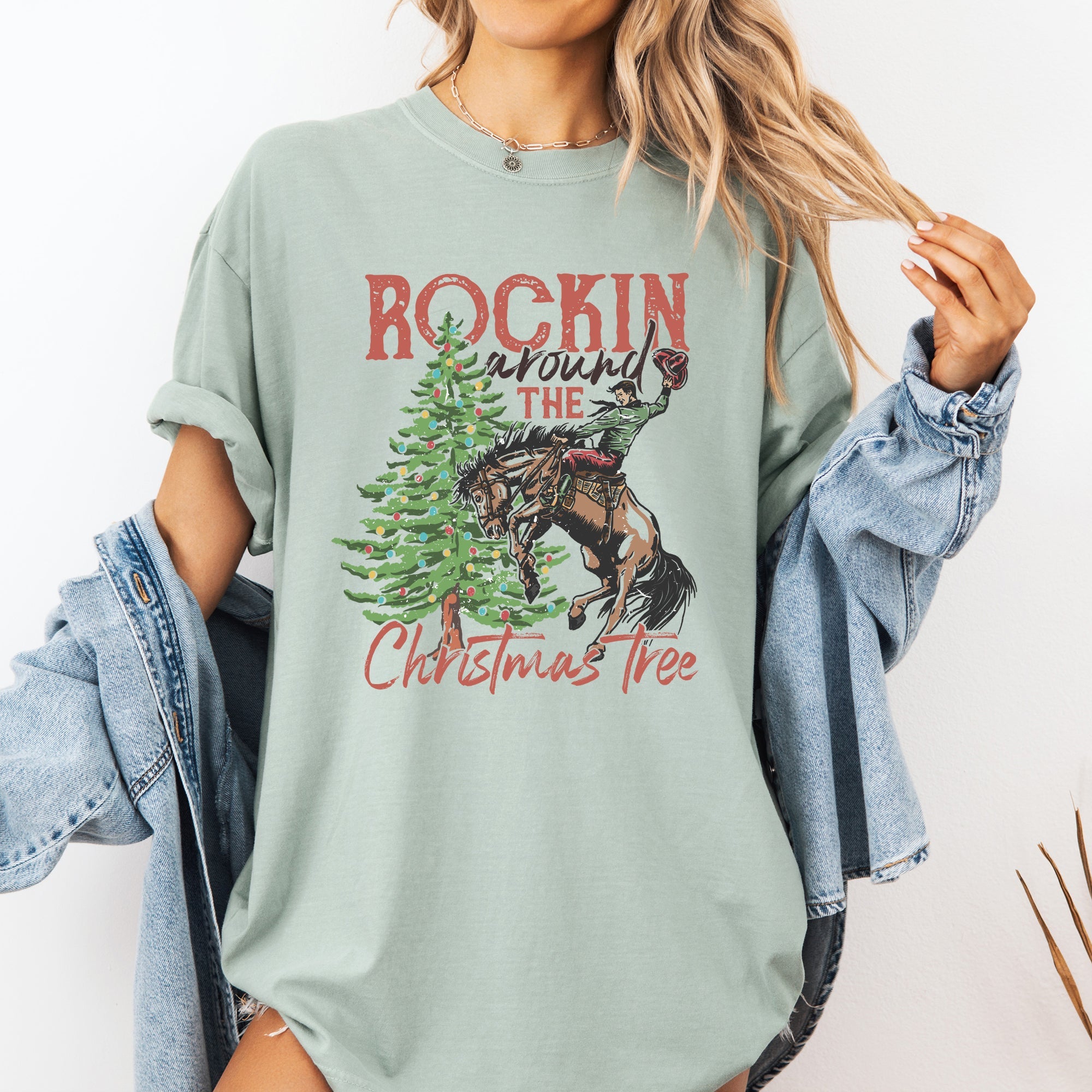 Rockin Around The Christmas Tree Cowboy Country Western Santa Xmas Comfort Colors Tee