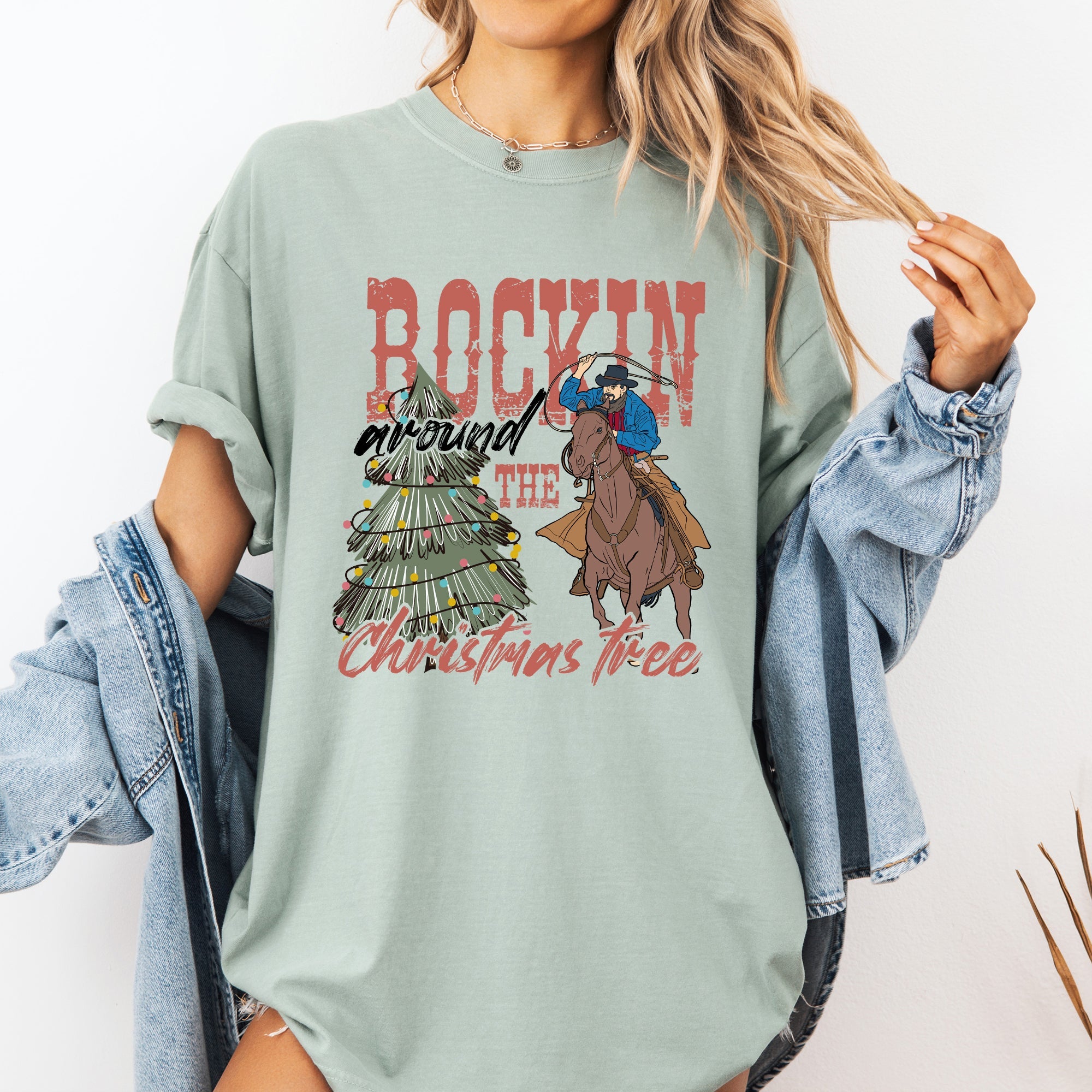 Rockin Around The Christmas Tree Cowboy Lasso Country Western Santa Xmas Comfort Colors Tee