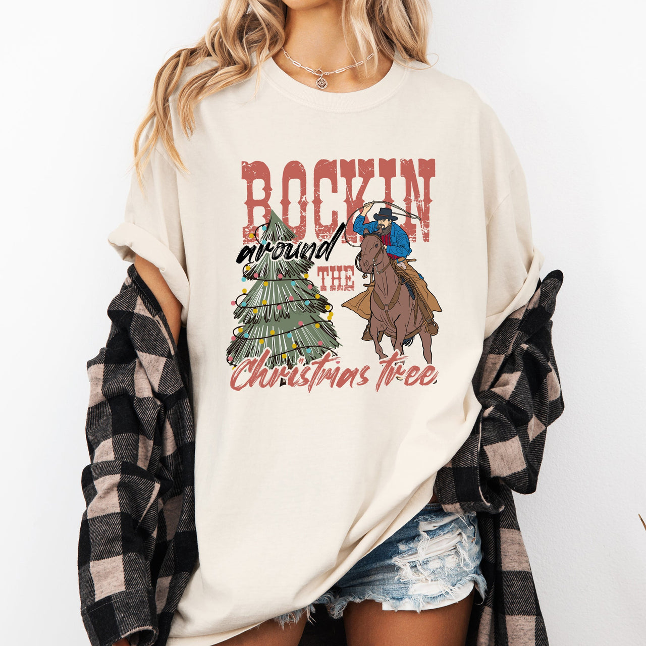 Rockin Around The Christmas Tree Cowboy Lasso Country Western Santa Xmas Comfort Colors Tee