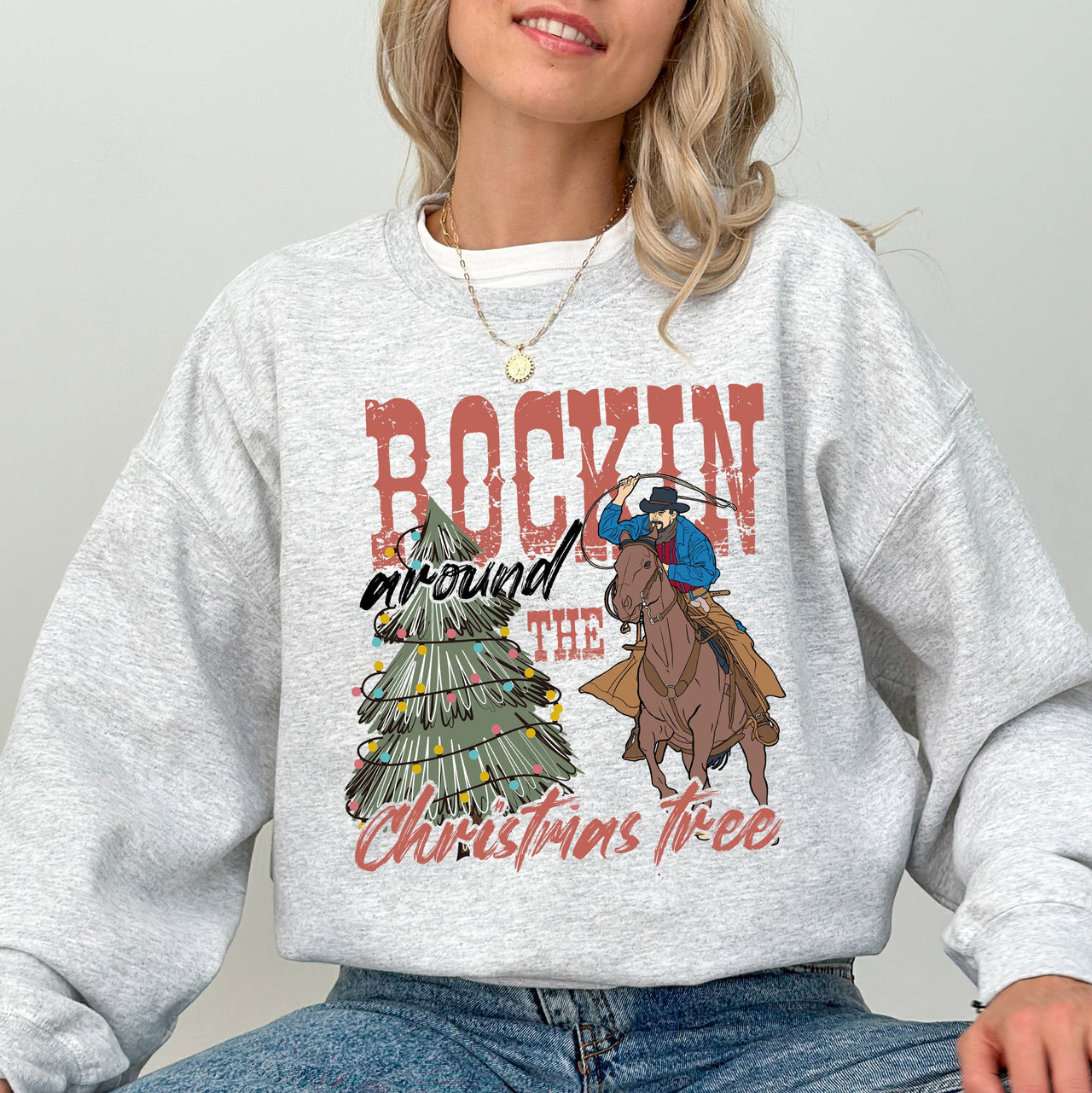 Rockin Around The Christmas Tree Cowboy Lasso Santa Western Xmas Graphic Sweatshirt