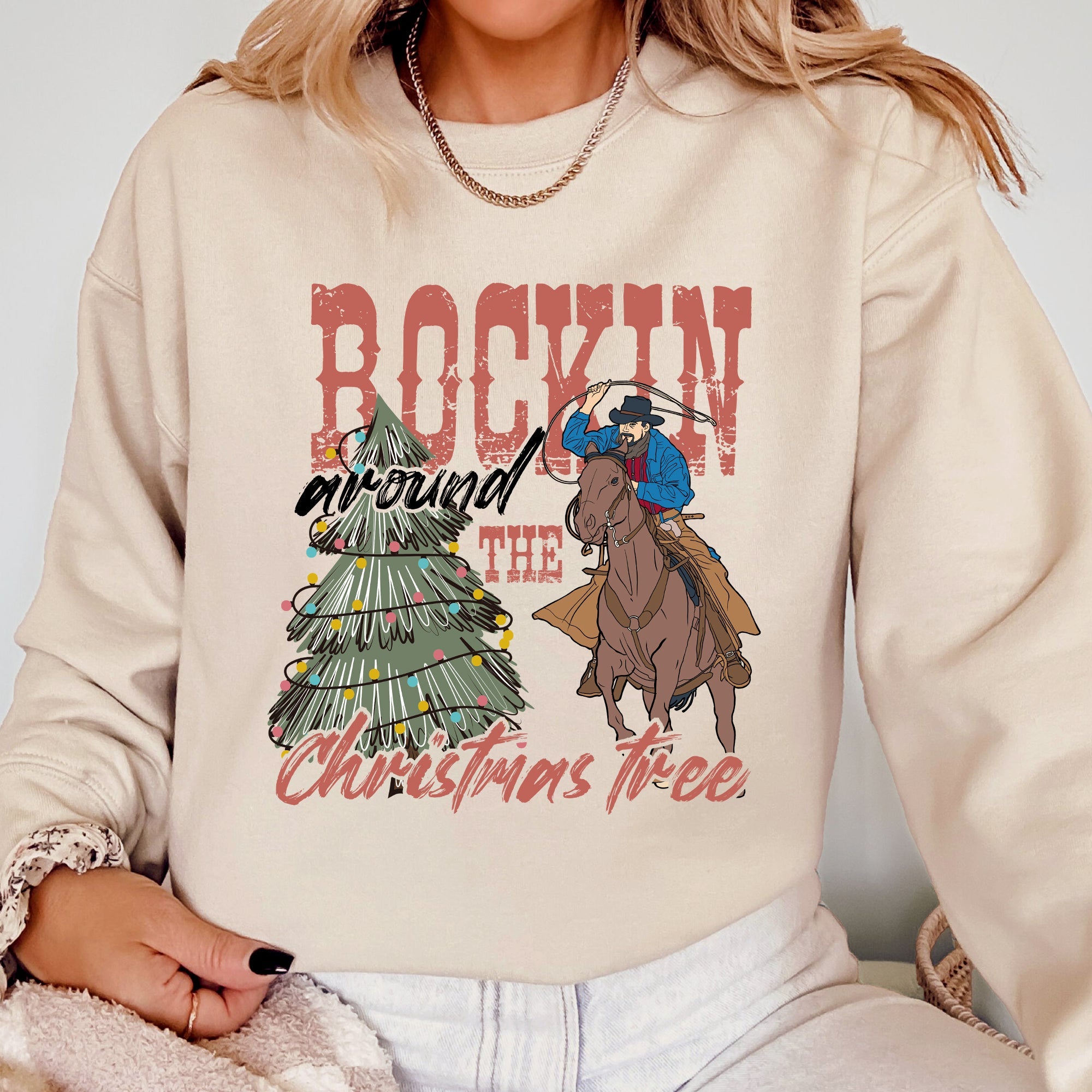 Rockin Around The Christmas Tree Cowboy Lasso Santa Western Xmas Graphic Sweatshirt