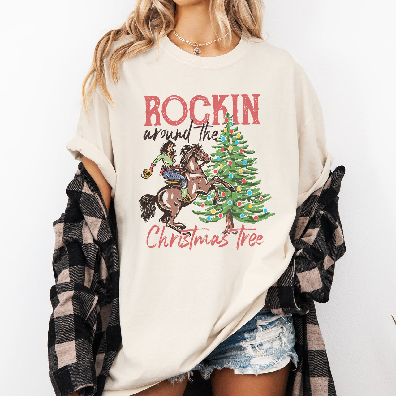 Rockin Around The Christmas Tree Cowgirl Country Western Santa Xmas Comfort Colors Tee