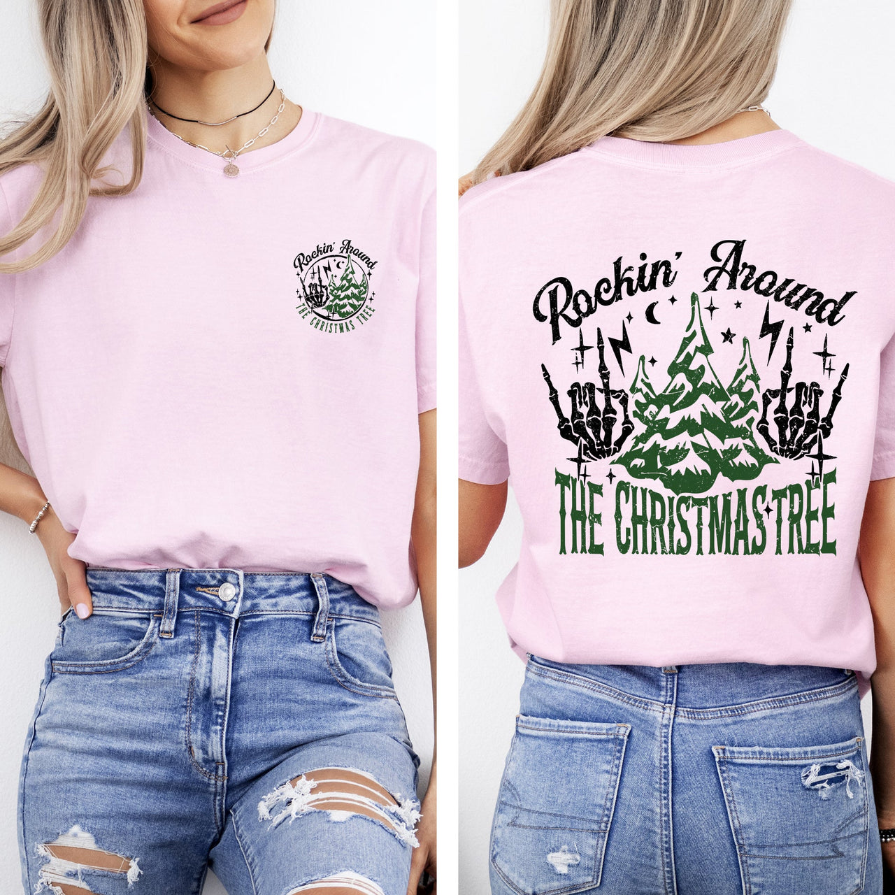 Rockin Around The Christmas Tree Front And Back Skeleton Santa Xmas Comfort Colors Tee