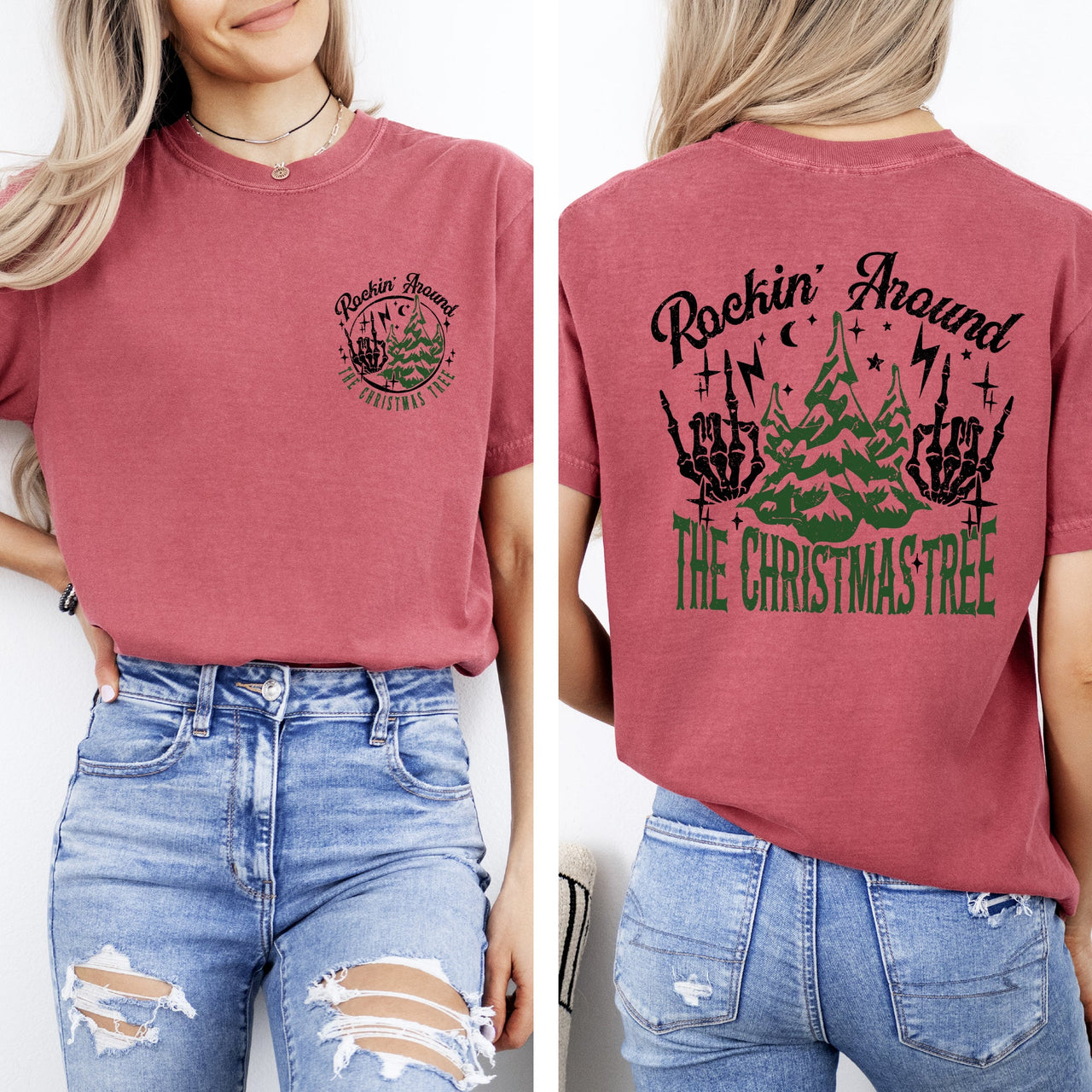 Rockin Around The Christmas Tree Front And Back Skeleton Santa Xmas Comfort Colors Tee