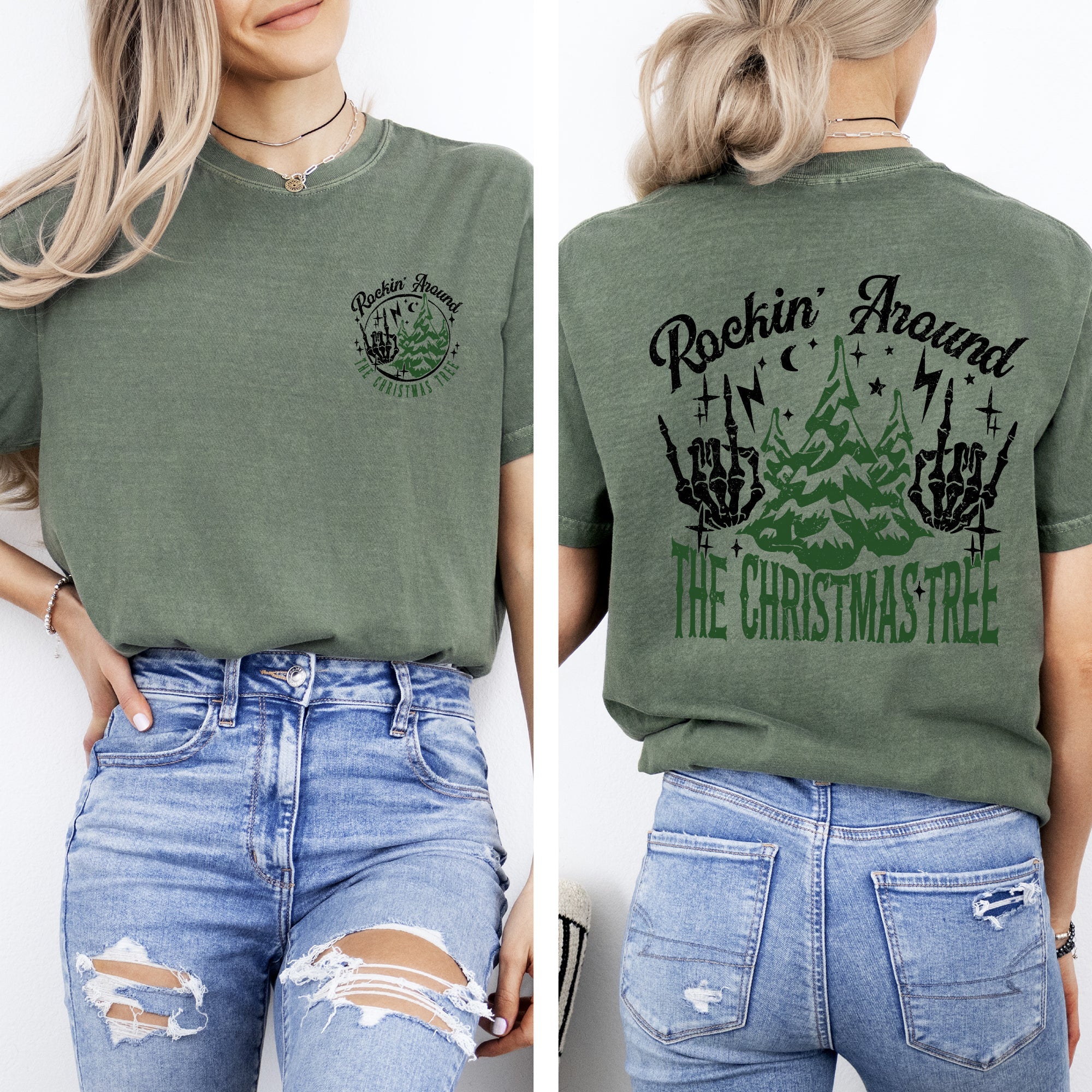 Rockin Around The Christmas Tree Front And Back Skeleton Santa Xmas Comfort Colors Tee