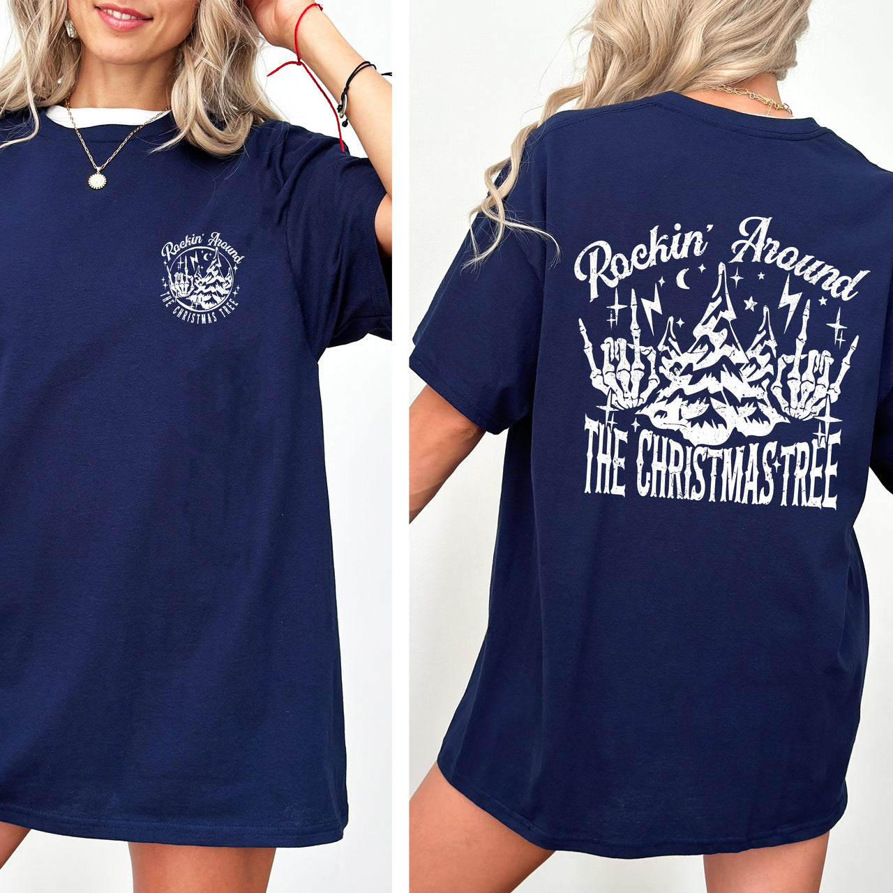 Rockin Around The Christmas Tree Front And Back Skeleton Santa Xmas Comfort Colors Tee