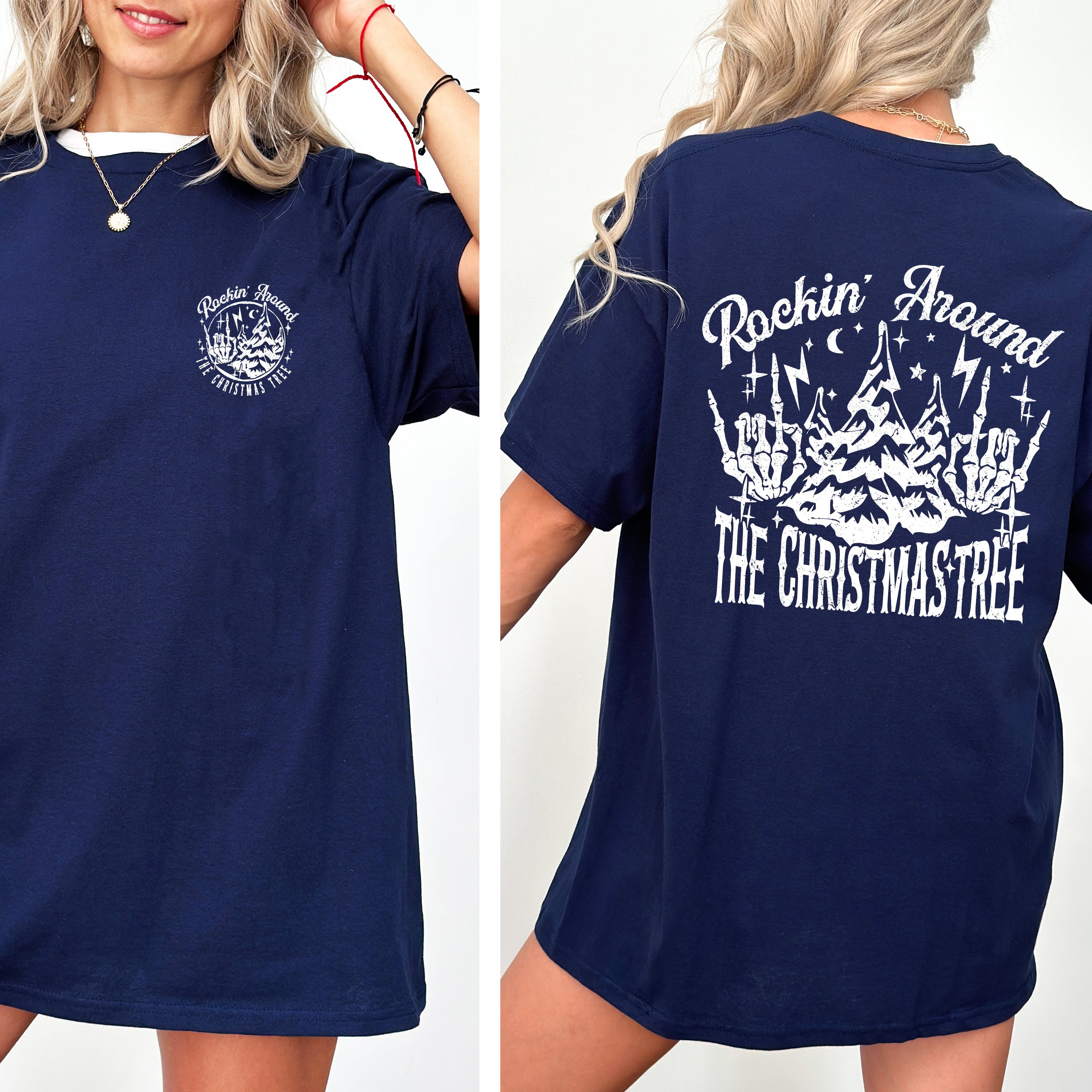 Rockin Around The Christmas Tree Front And Back Skeleton Santa Xmas Comfort Colors Tee