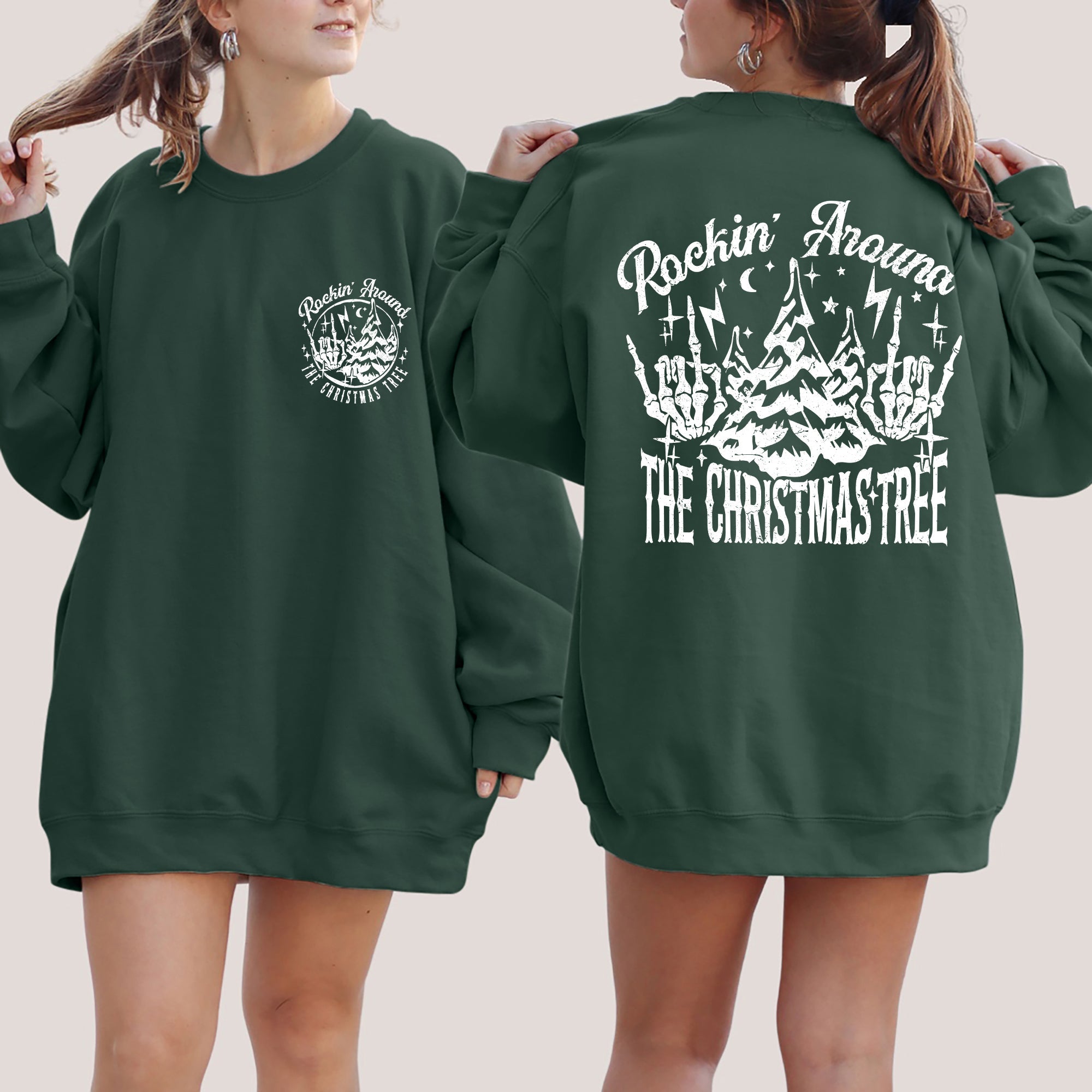 Rockin Around The Christmas Tree Front And Back Skeleton Santa Xmas Winter Edition Sweatshirt